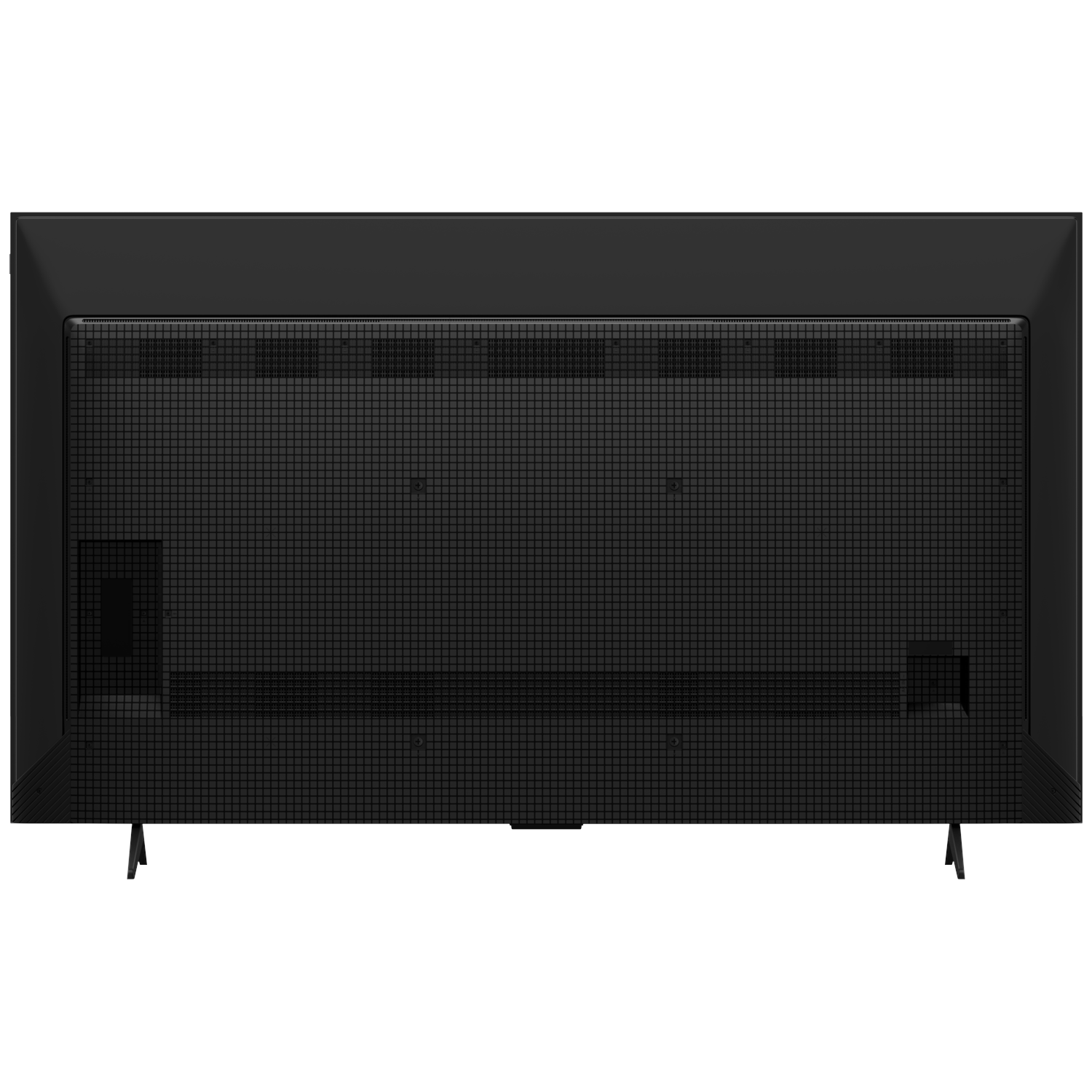 Back of a black TV with a grid pattern and two narrow stands.