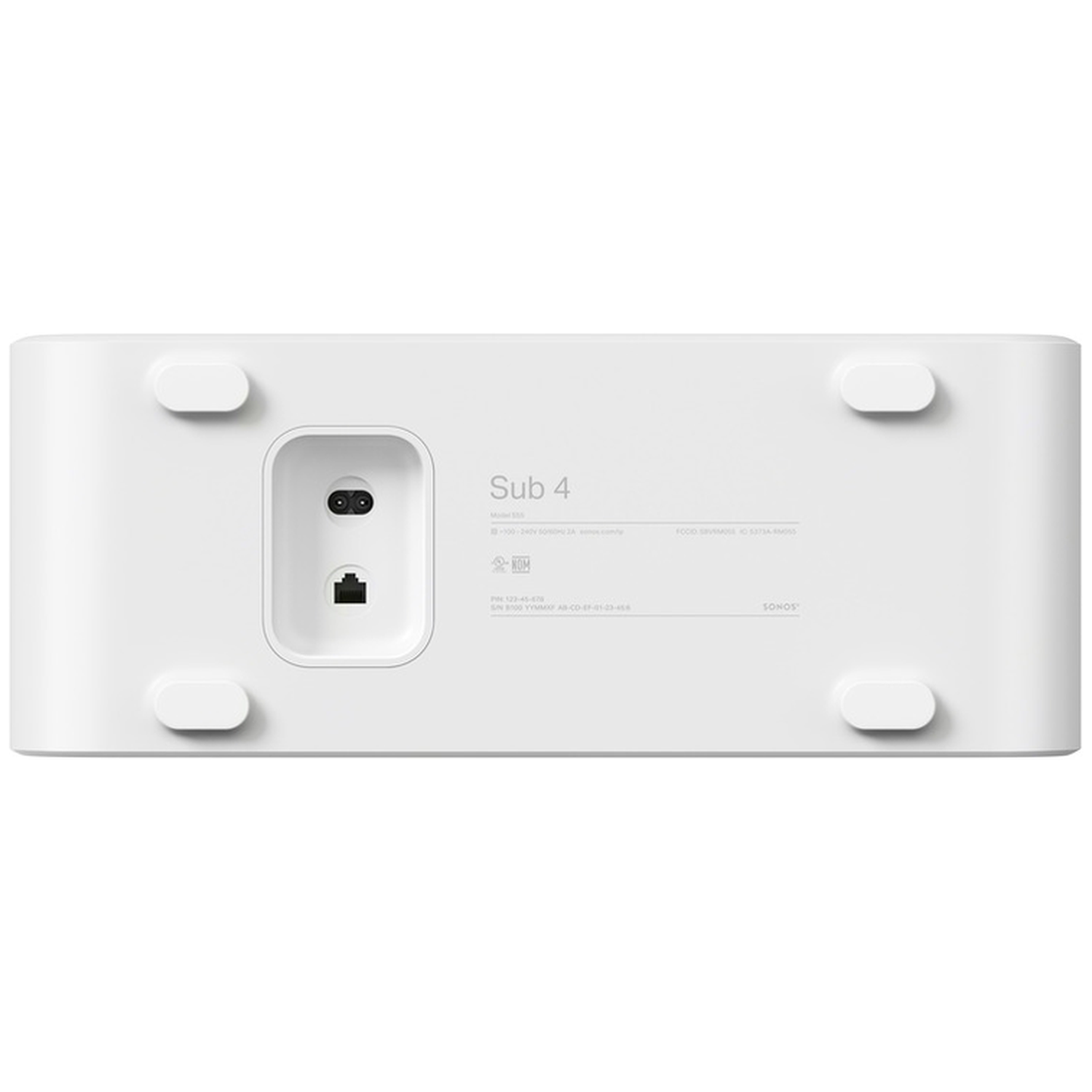 Witte Sonos Sub 4 met poorten en labels aan de onderkant.
