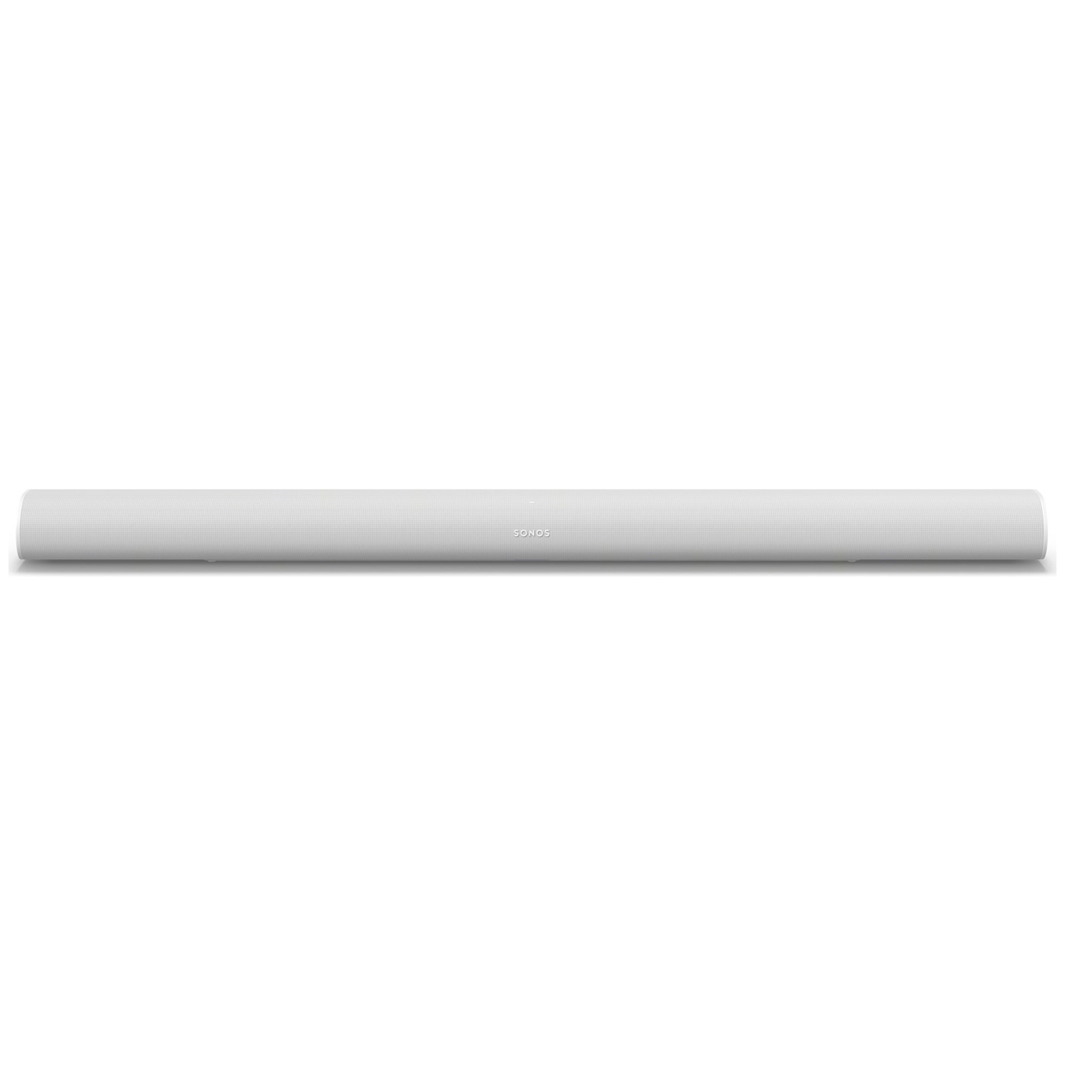Witte Sonos soundbar met geperforeerde voorkant en Sonos-logo.