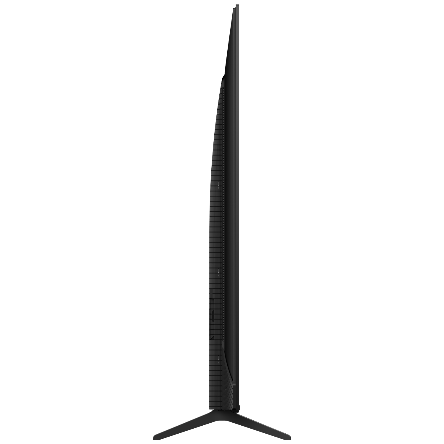 A slim black television with a narrow bezel and a stand.