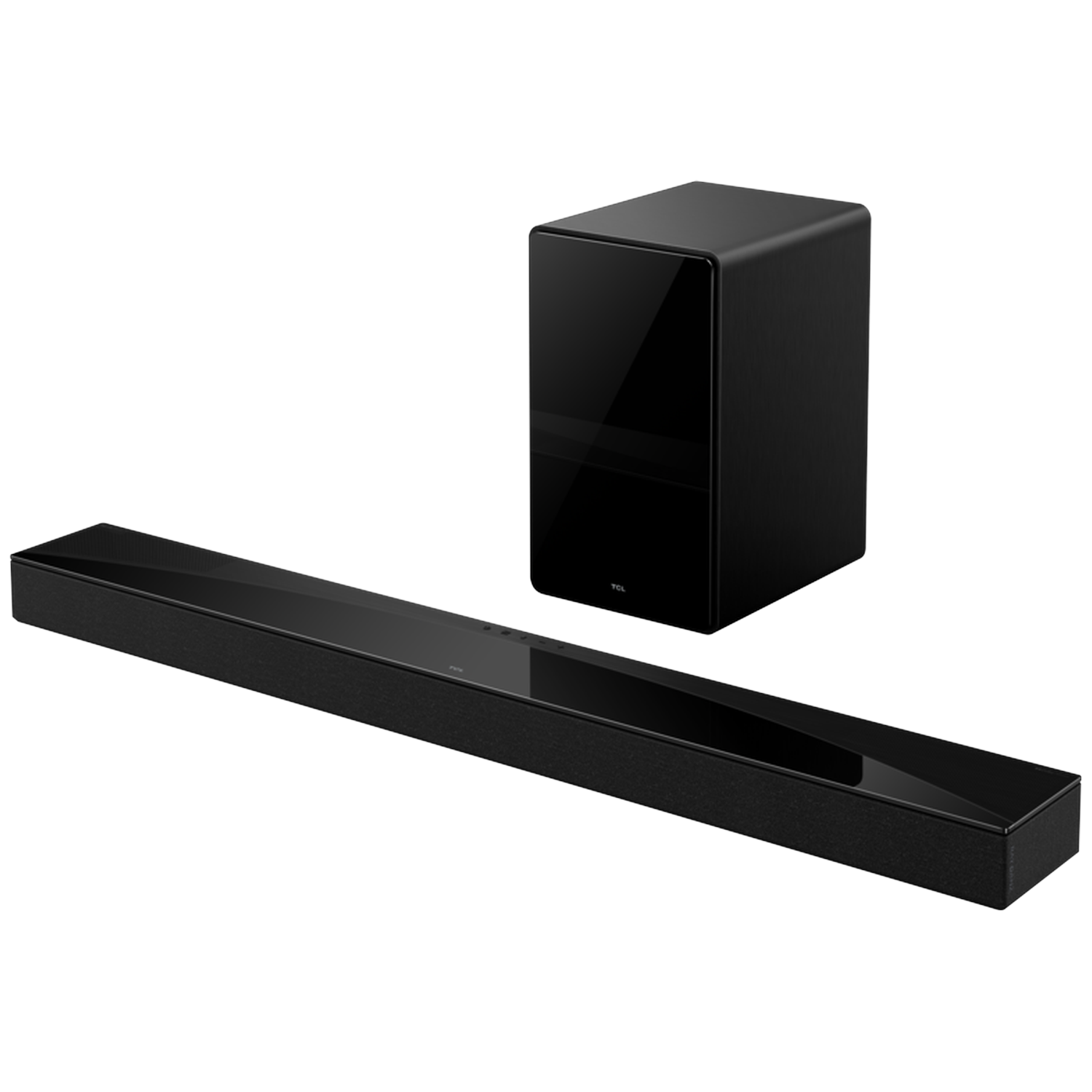 Black sleek soundbar and cube-shaped subwoofer.