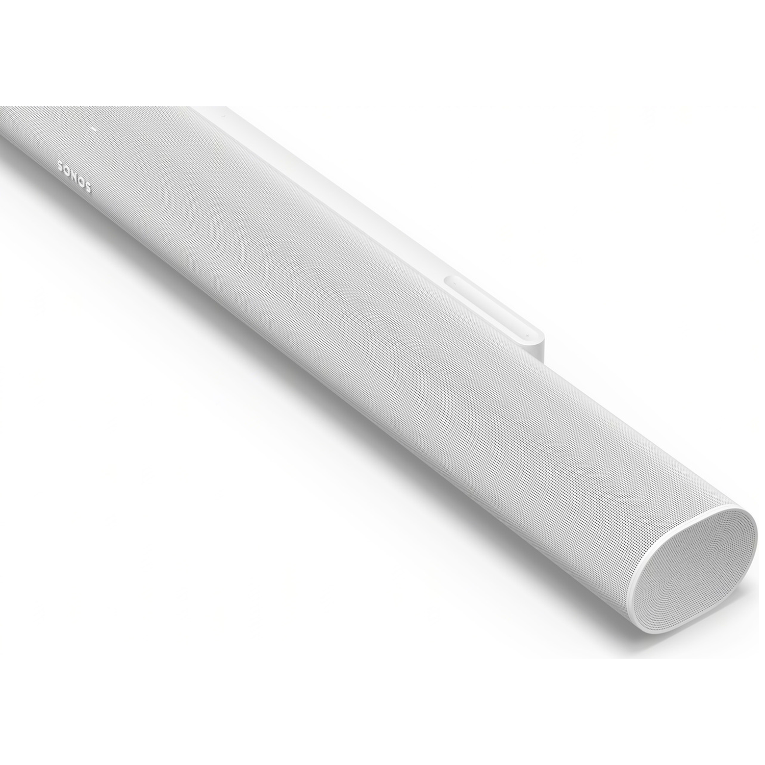 Een witte Sonos soundbar ligt op een witte achtergrond.