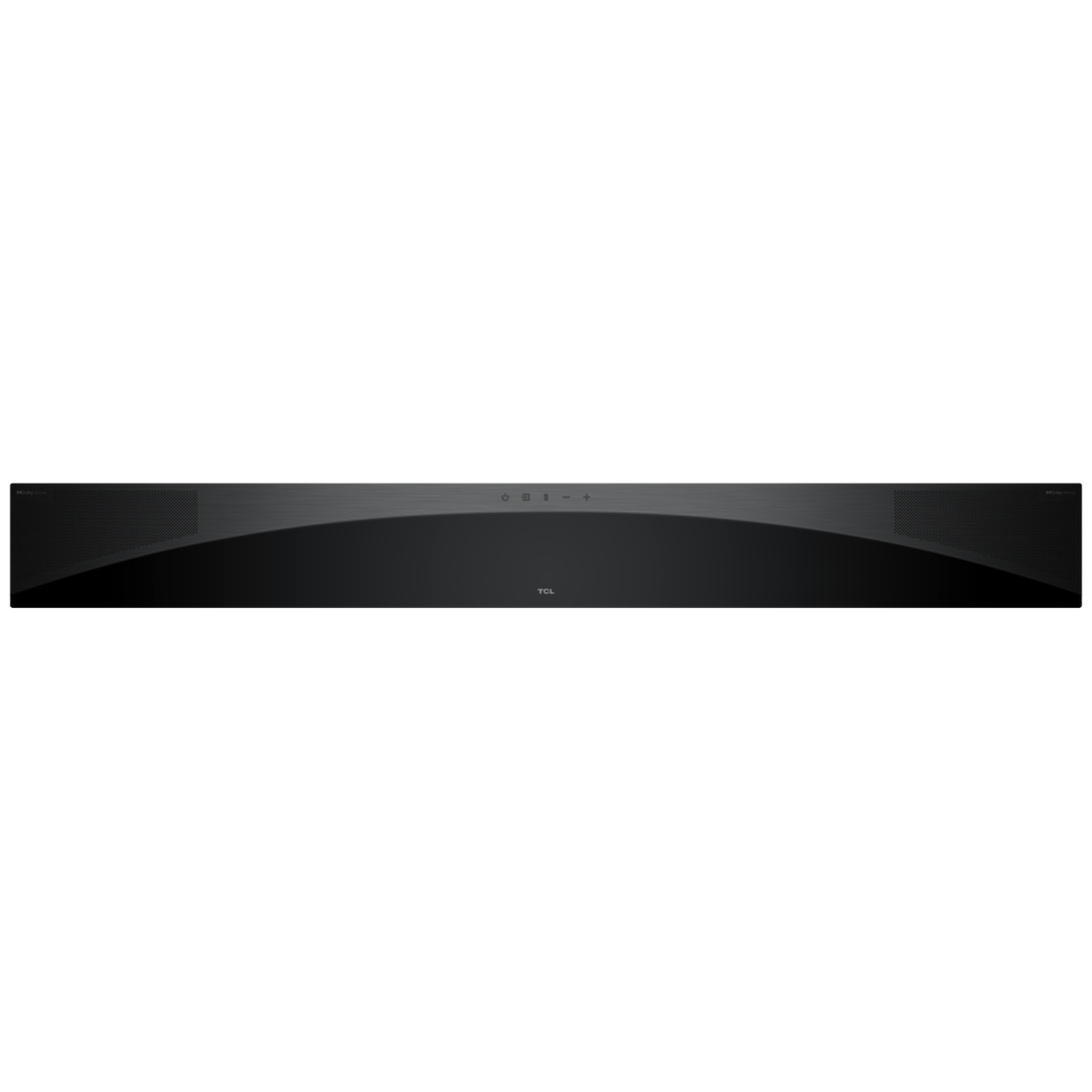 Black TCL soundbar with buttons and Dolby Atmos logo.