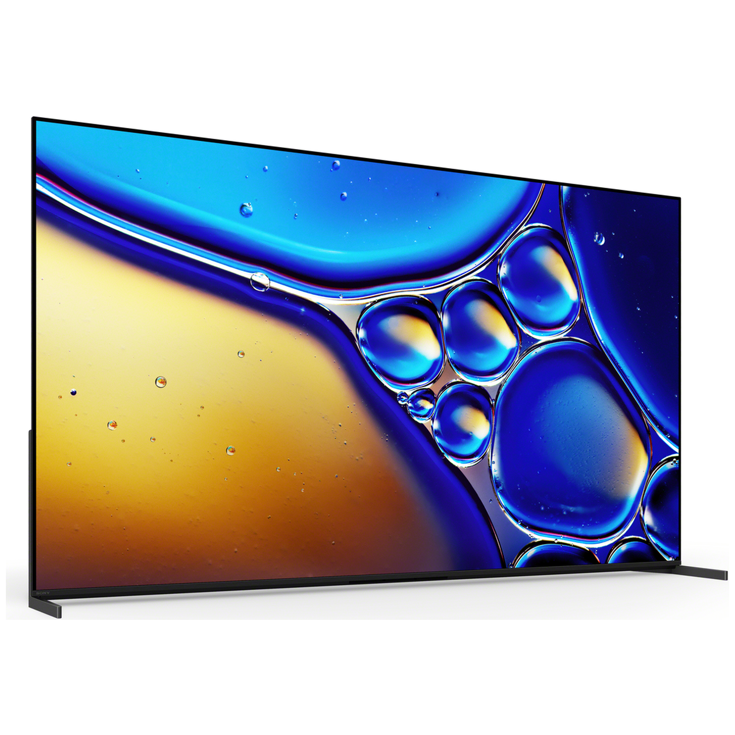 A black television displaying an abstract blue and yellow bubbly image on its screen.