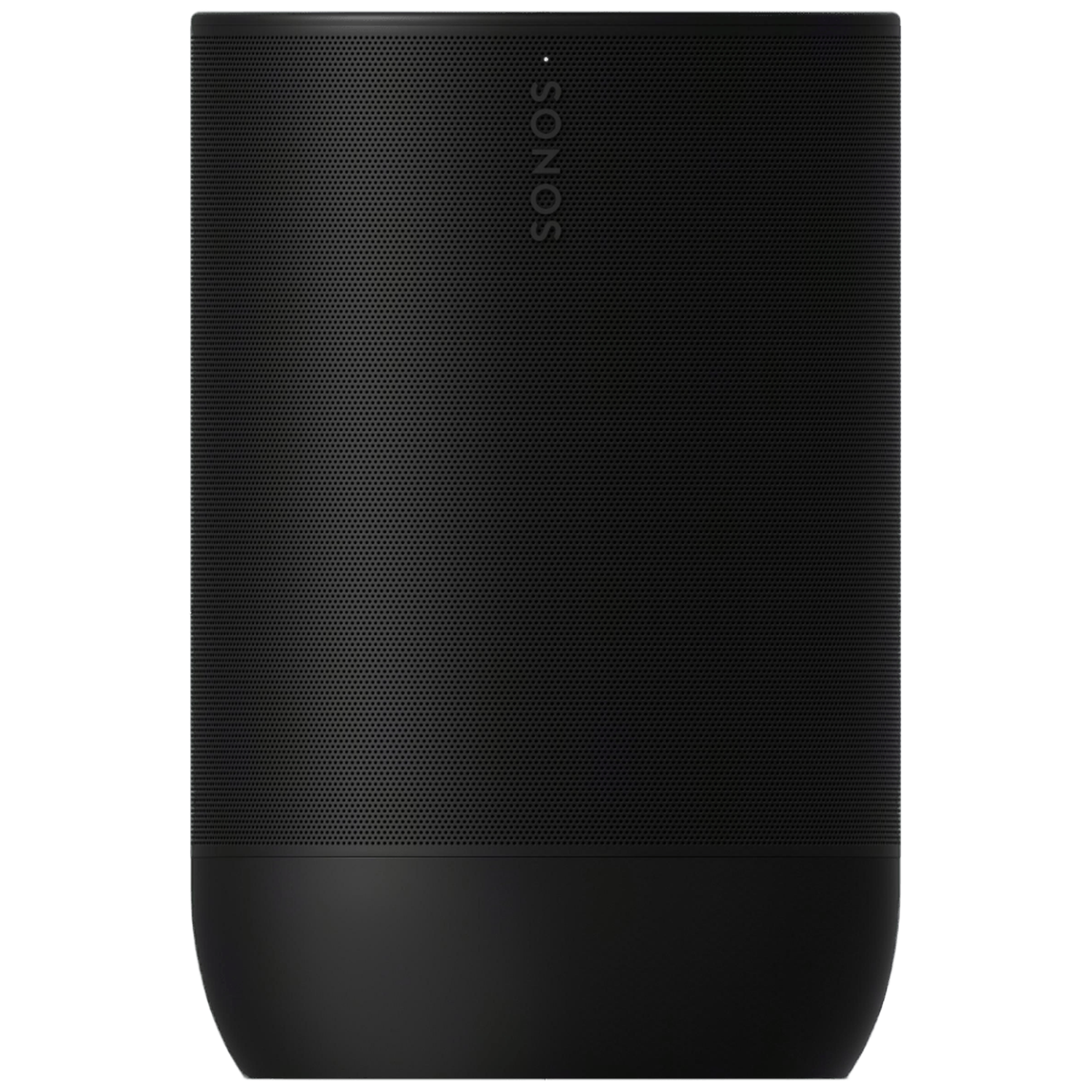 Zwarte Sonos speaker met geperforeerd boven- en glad ondergedeelte.