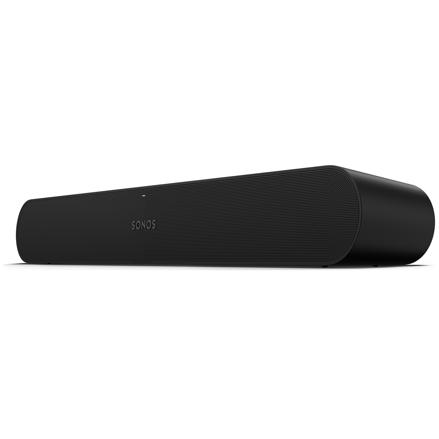 Zwarte Sonos soundbar met geperforeerde voorkant op witte achtergrond.