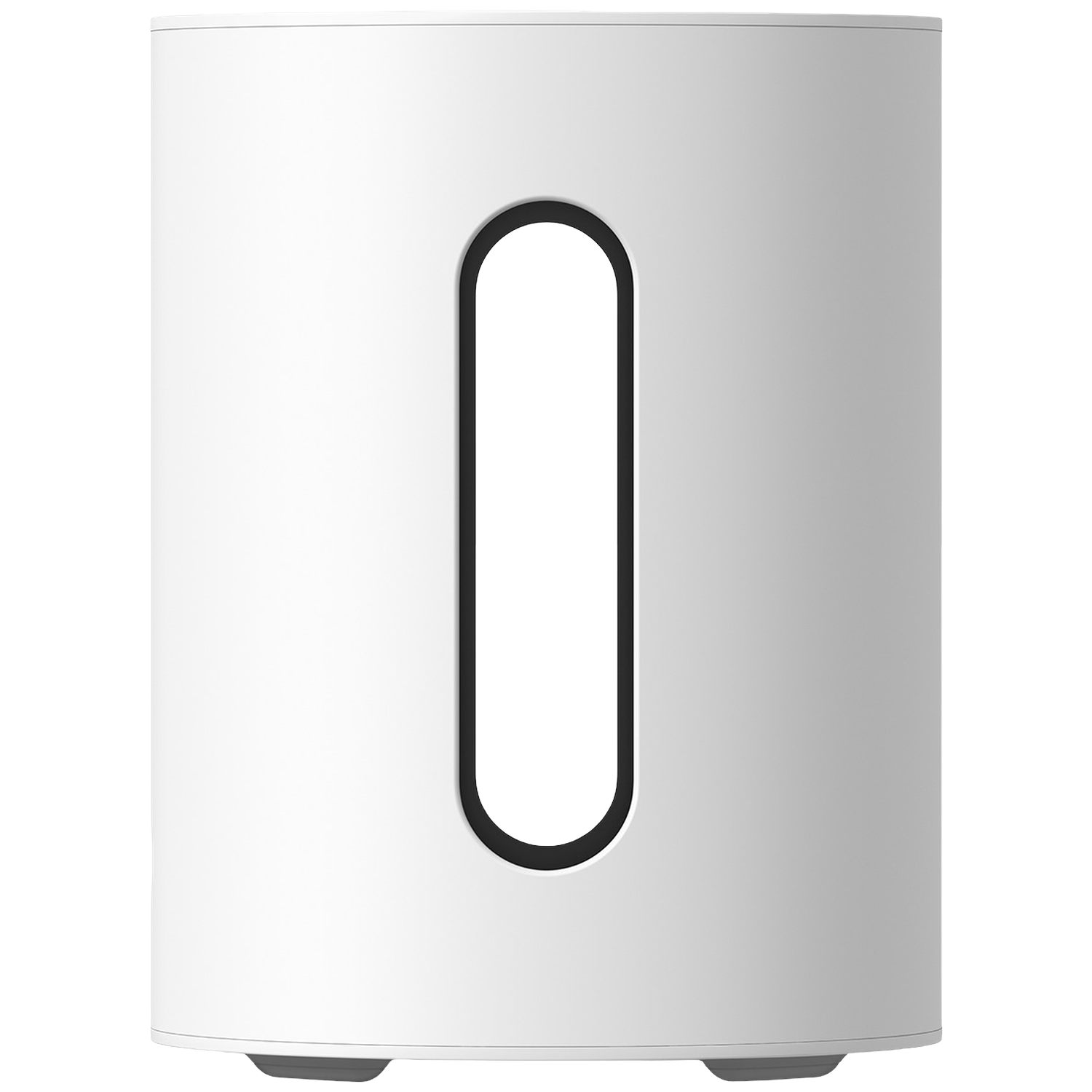 Een witte cilindrische subwoofer met een verticale ovale uitsparing.