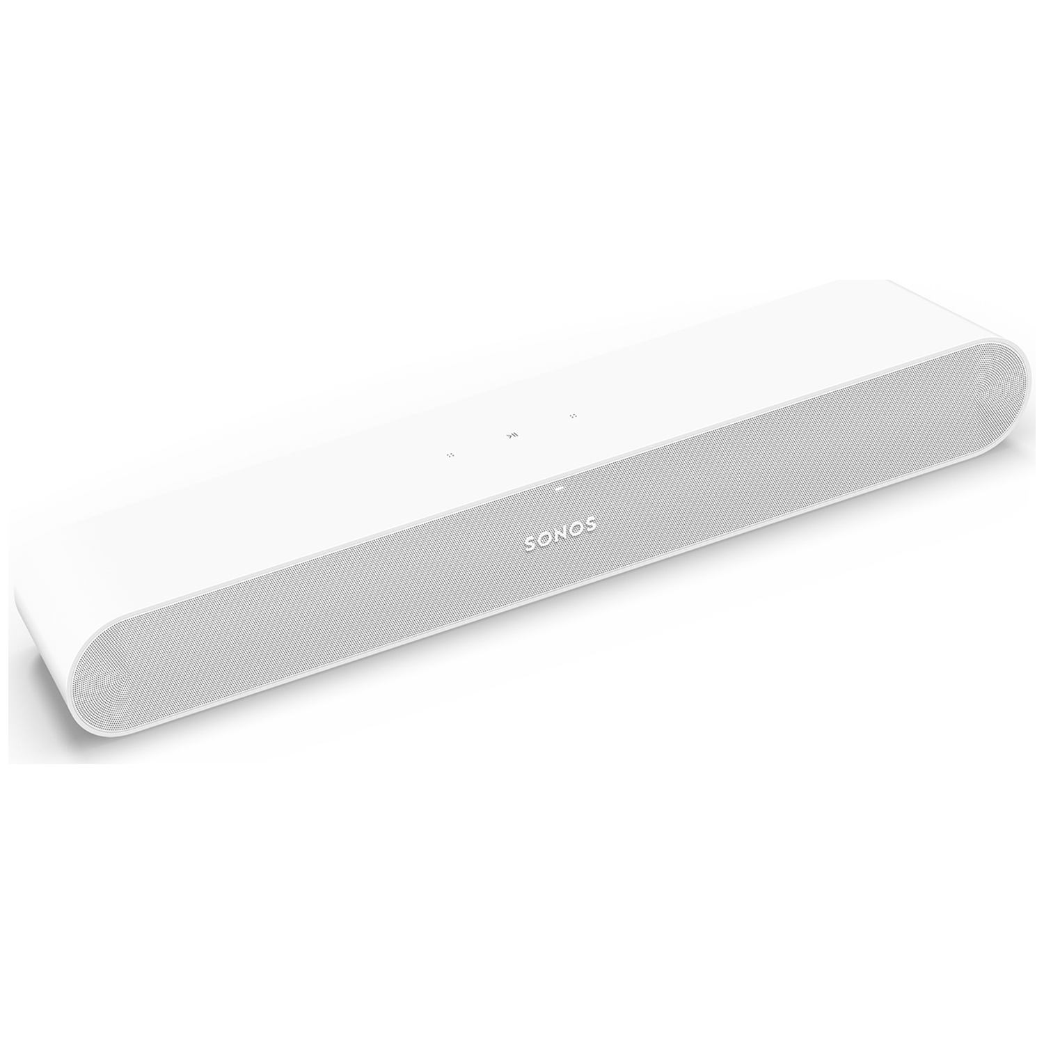 Een witte Sonos soundbar met zilveren luidsprekergrill en bedieningsknoppen.