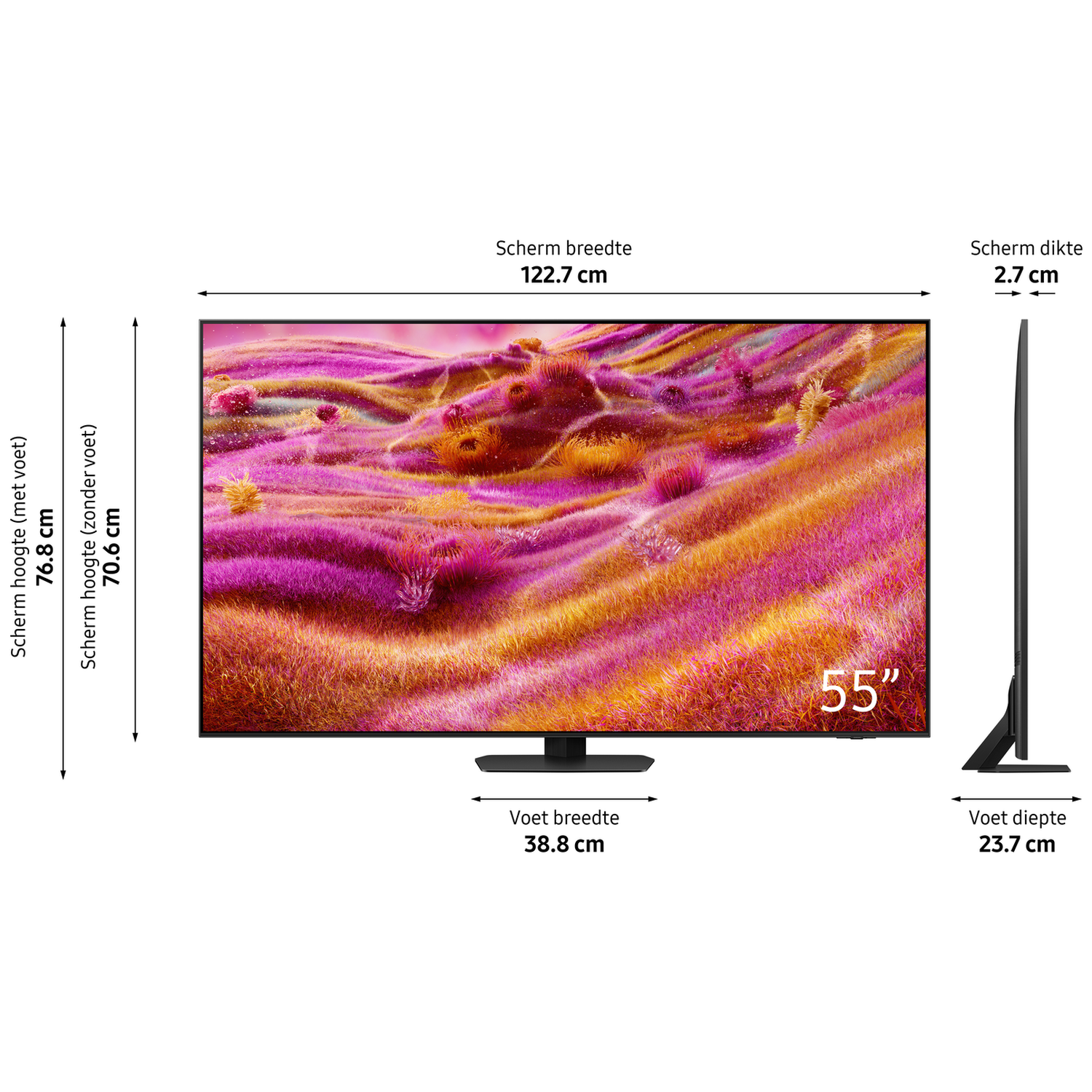 A 55-inch TV is shown with dimensions like width, height, and depth indicated.