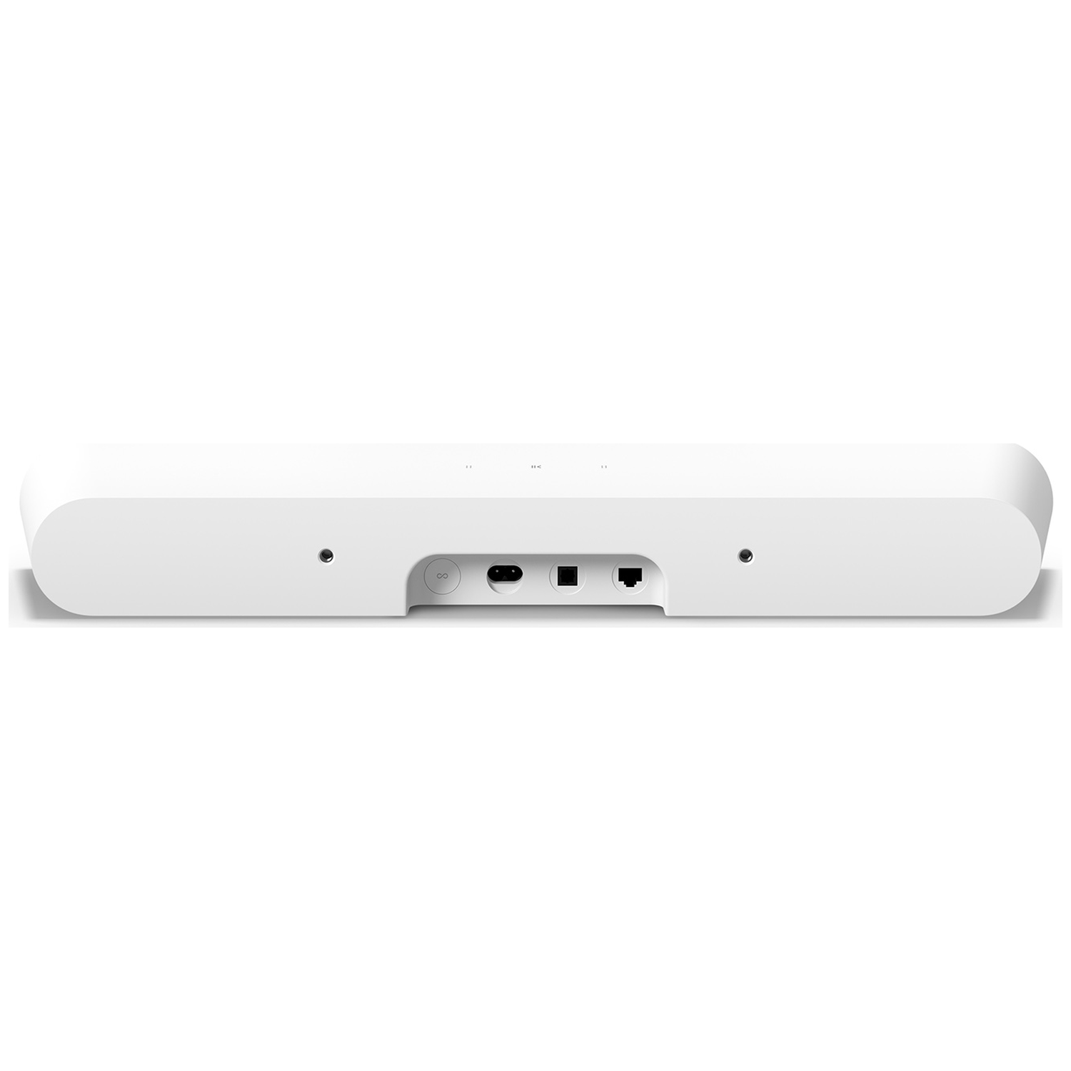 Witte soundbar met poorten: stroom, HDMI, Ethernet en USB-C.