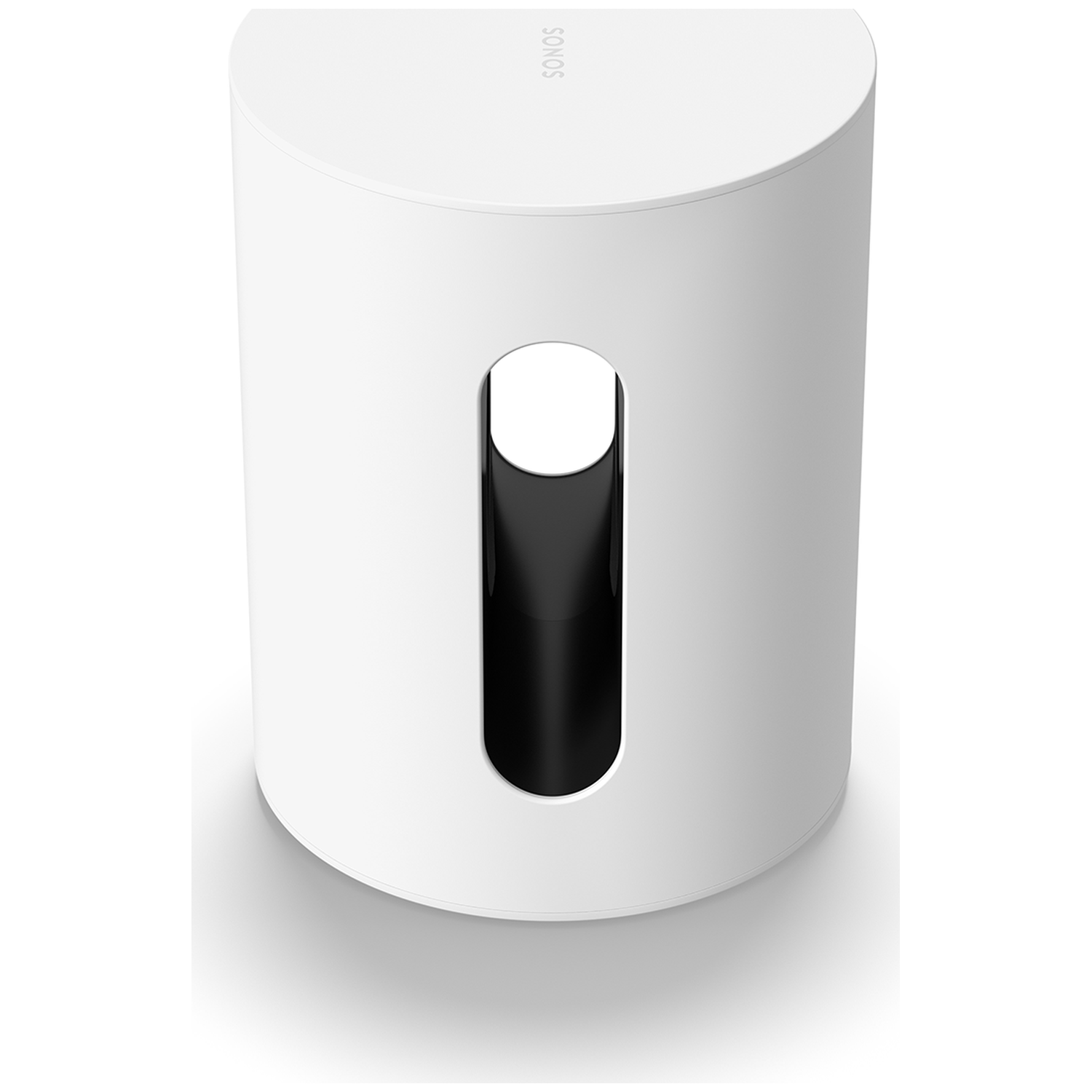 Een witte Sonos subwoofer met een verticale sleuf in het midden.