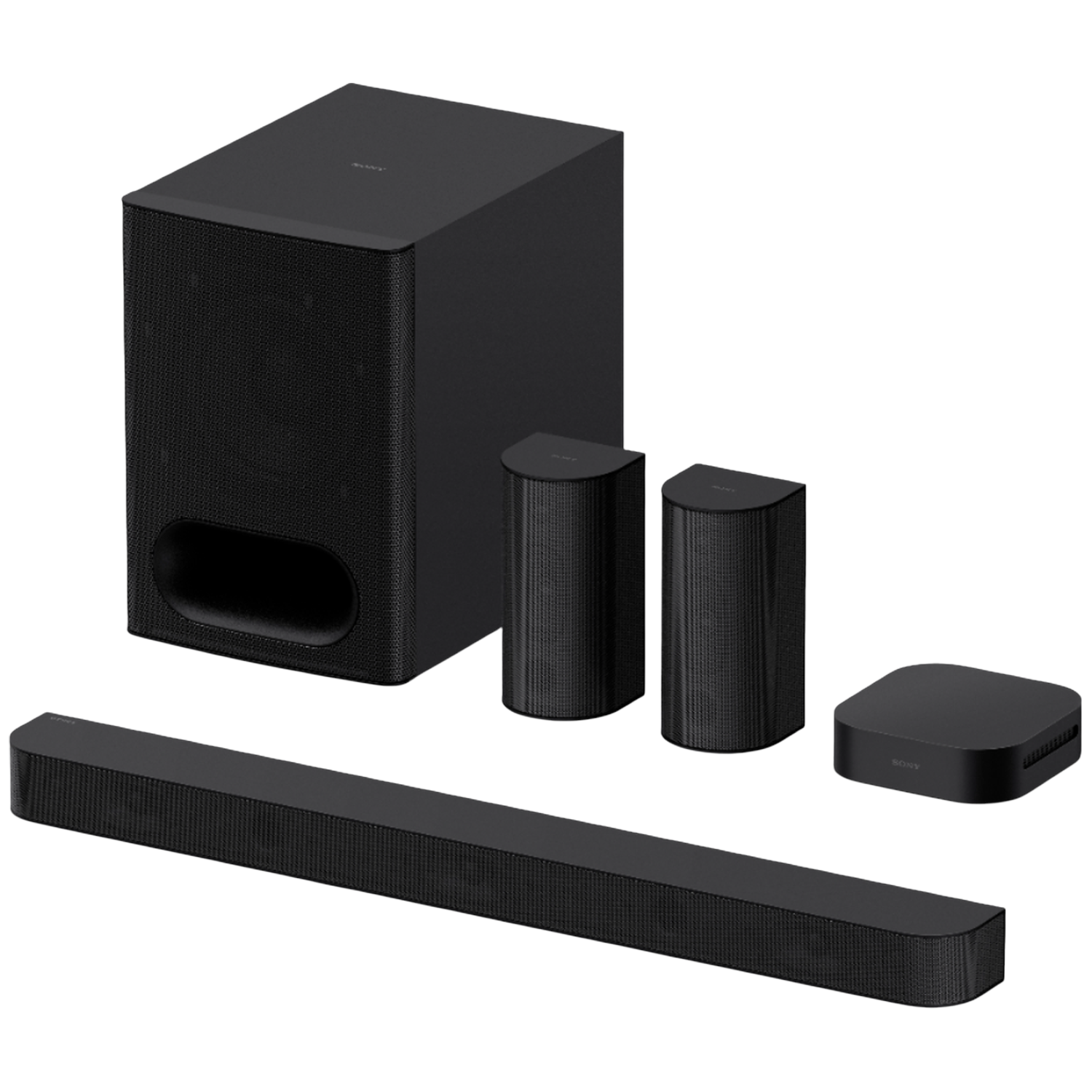 Black subwoofer, soundbar, two speakers, and a small box.