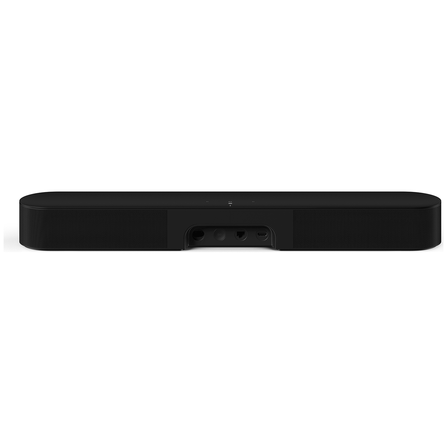 Zwarte soundbar met poorten aan de achterkant.
