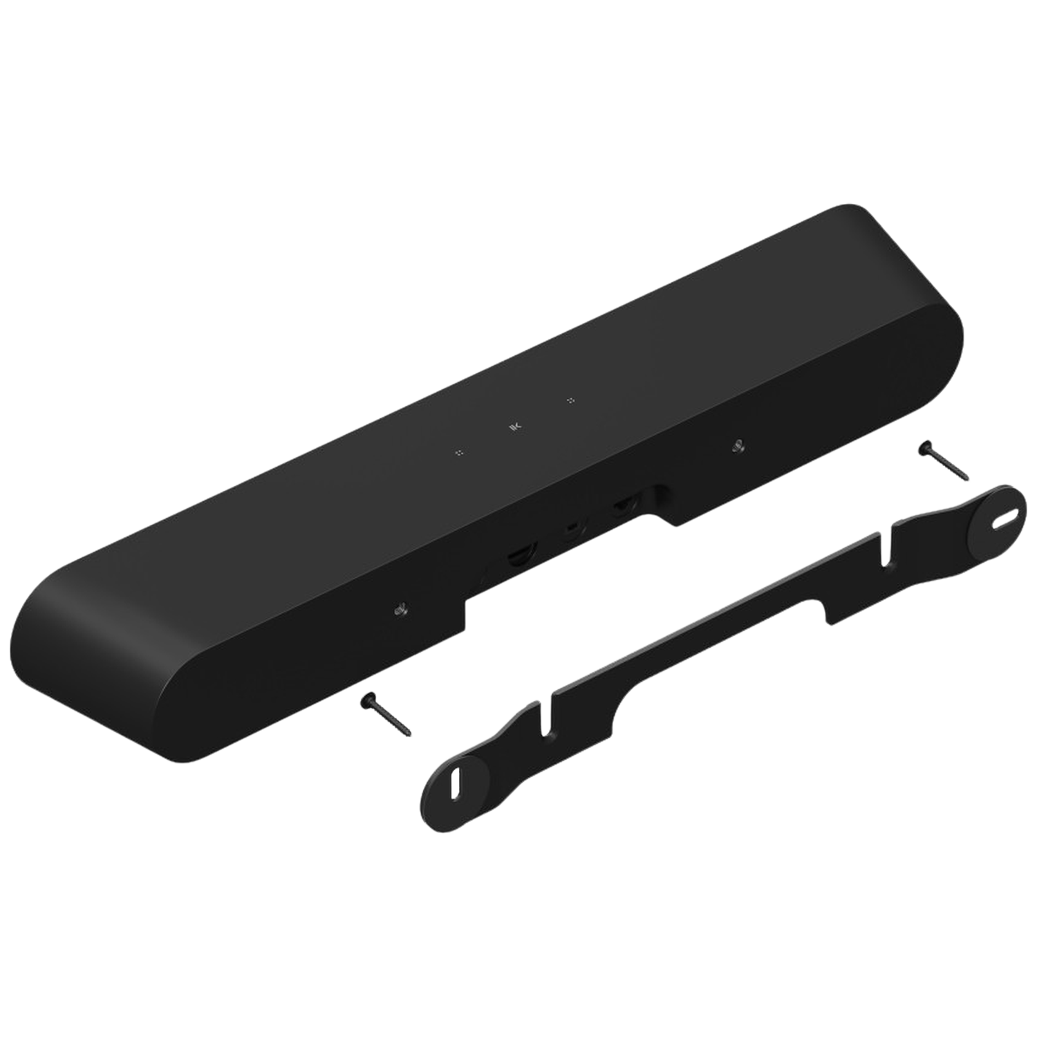 Een zwarte soundbar met een aparte zwarte montagebeugel en schroeven op een witte achtergrond.
