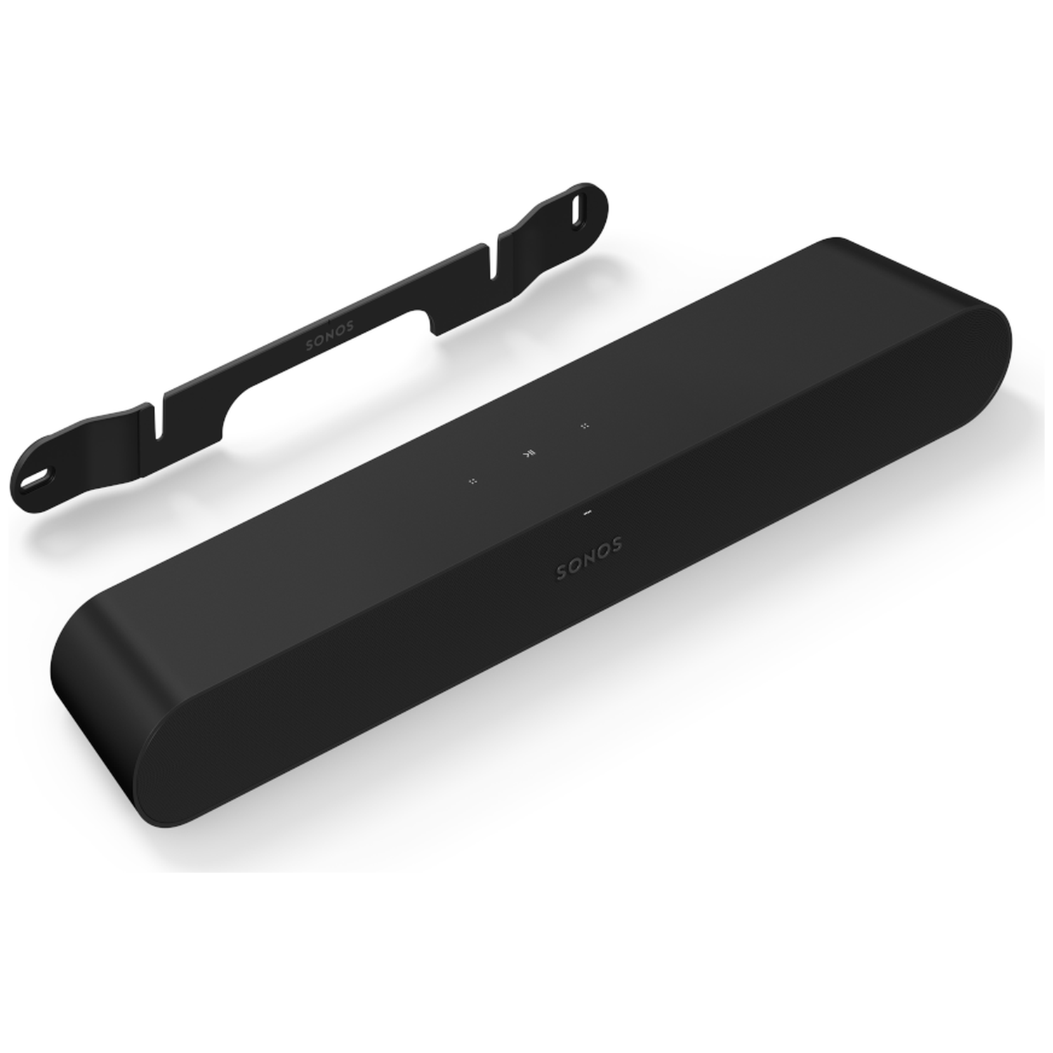 Zwarte Sonos soundbar met beugel op witte achtergrond.