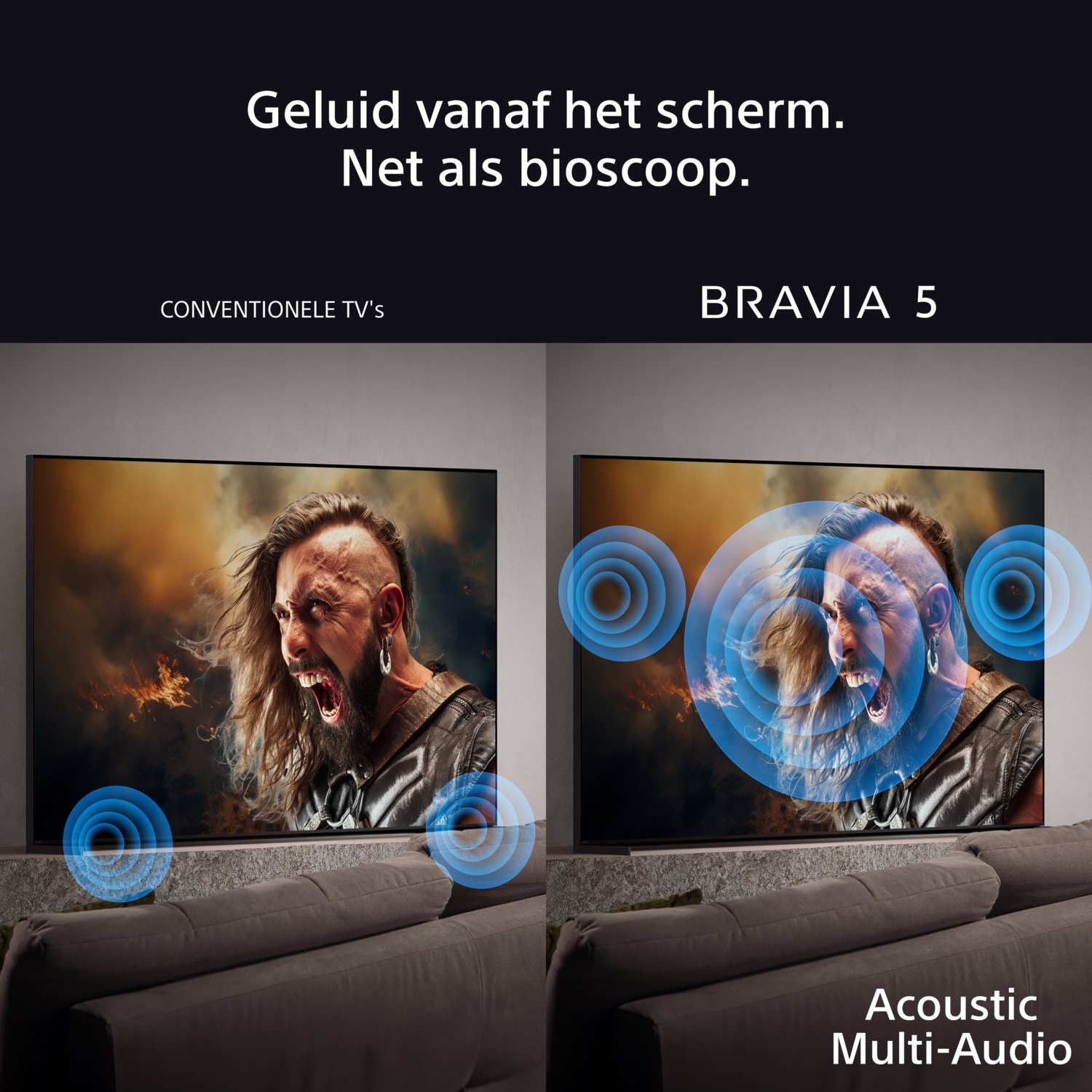 TV with sound from screen; sound waves surround a man's face.