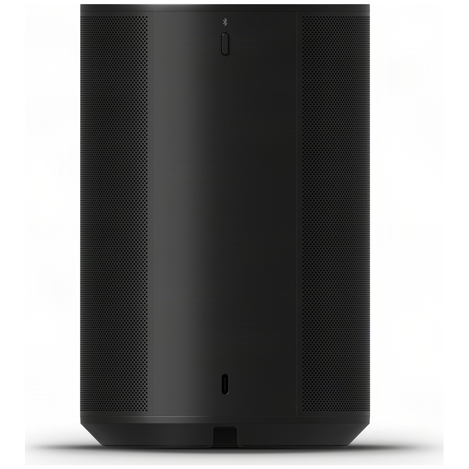 Zwarte cilindrische luidspreker met geperforeerde zijkanten en een USB-C poort.