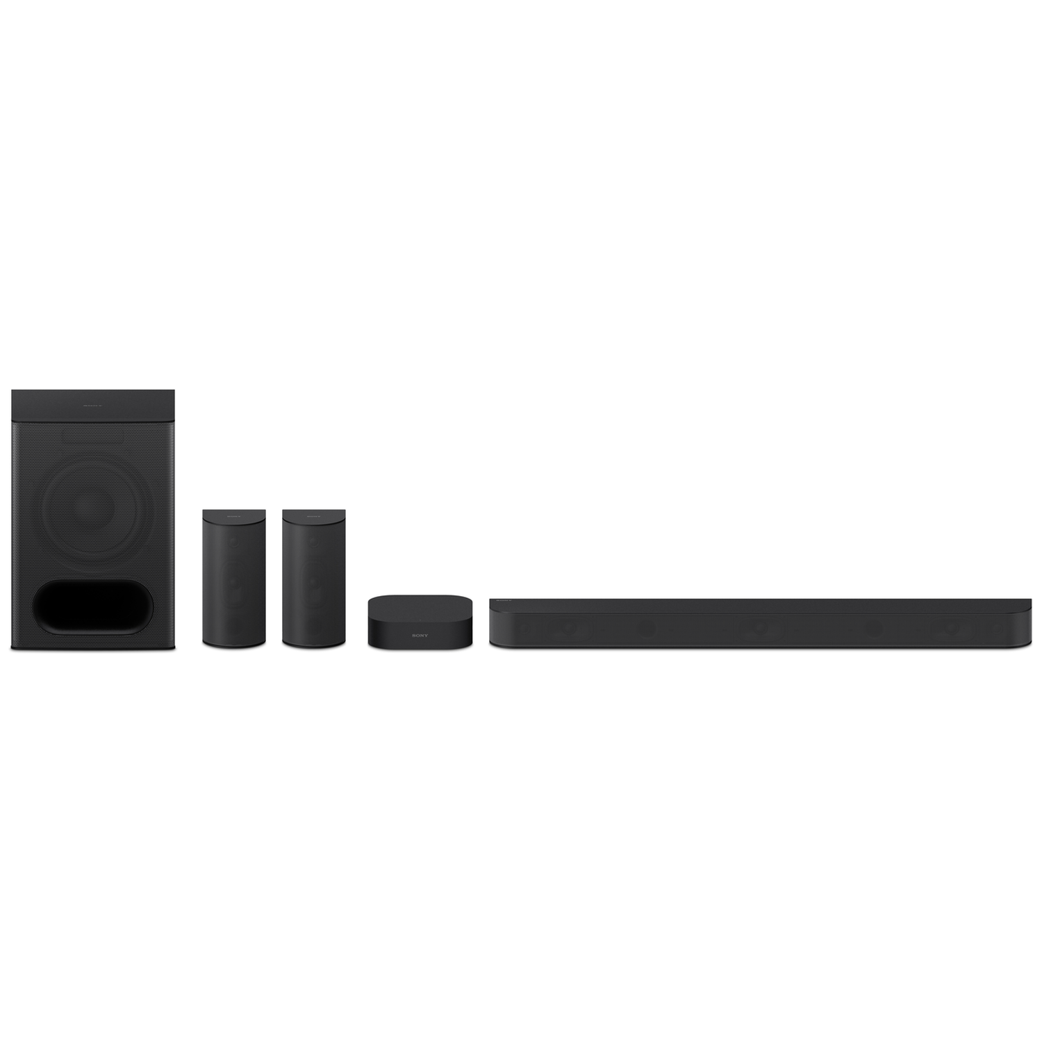 Black sound system: subwoofer, 2 column speakers, 2 small boxes, soundbar.
