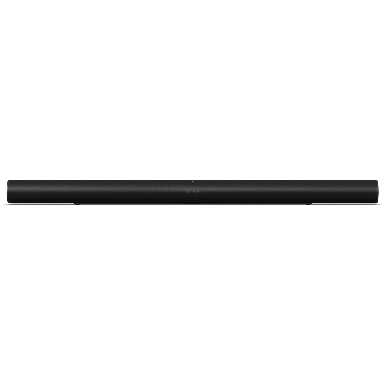 Een zwarte Sonos soundbar wordt horizontaal getoond tegen een witte achtergrond.