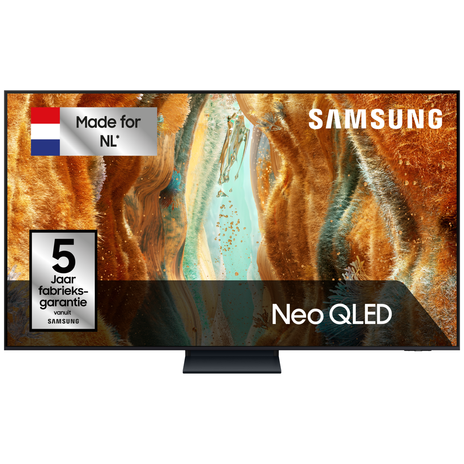Samsung Neo QLED TV met Nederlandse vlag en 5 jaar garantie.