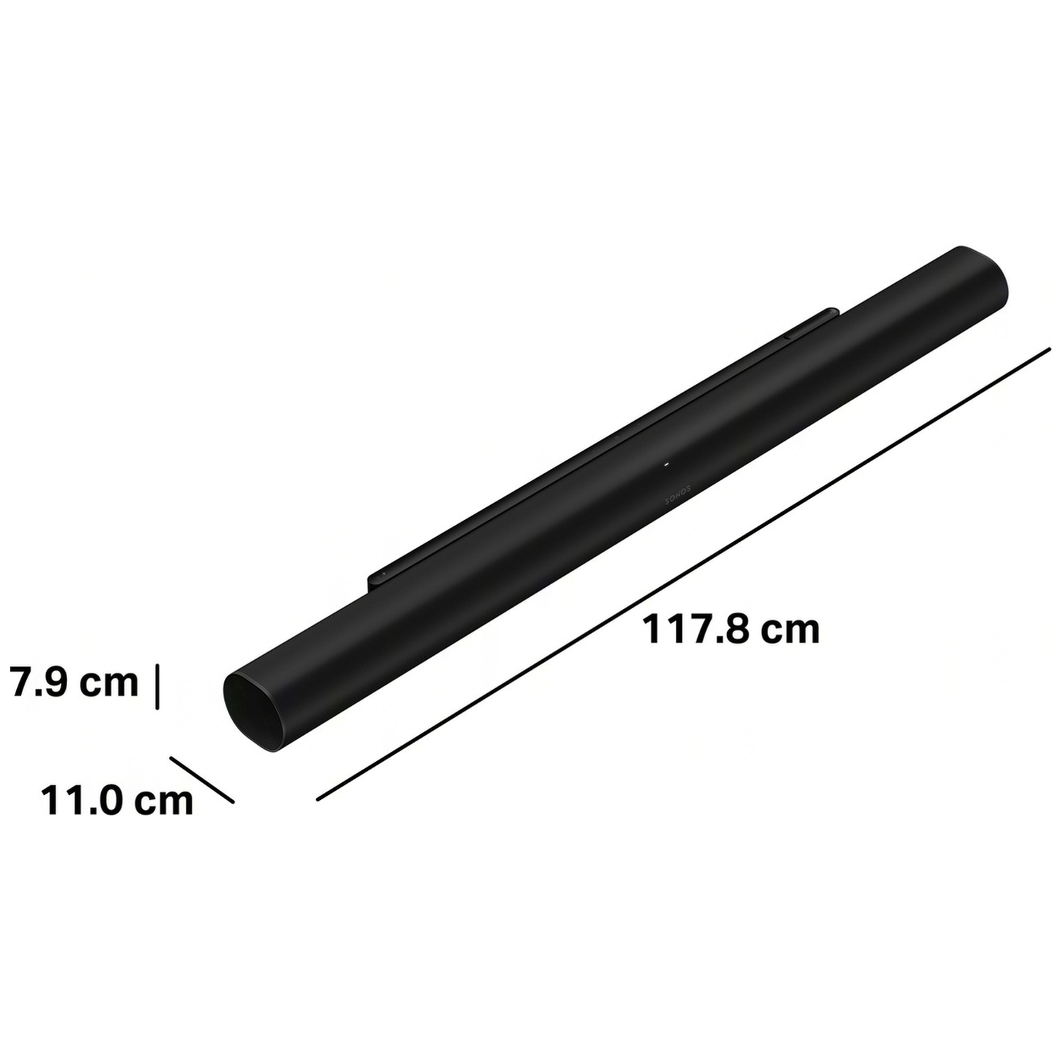 Zwarte soundbar, 117,8 cm lang, 7,9 cm en 11,0 cm hoog.