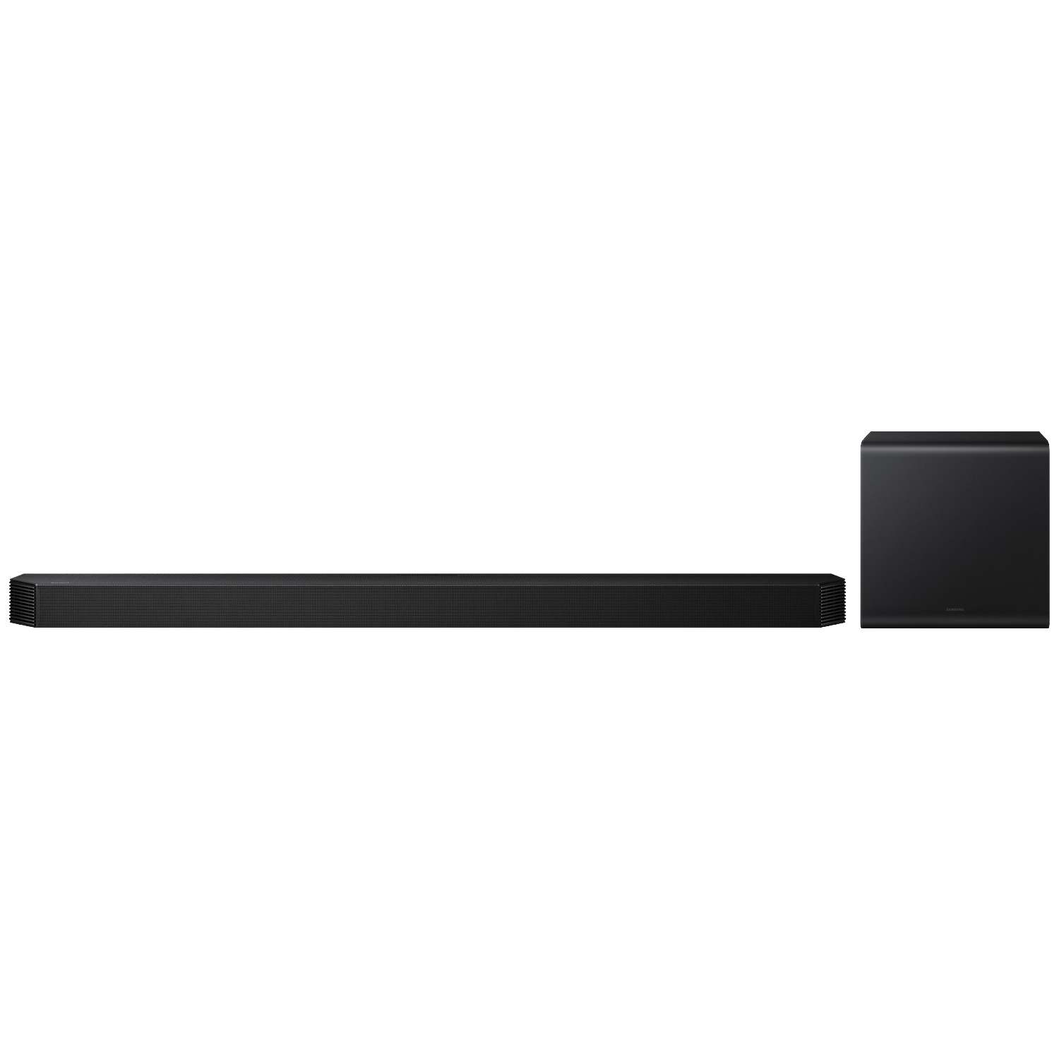 Zwarte soundbar en subwoofer op witte achtergrond.