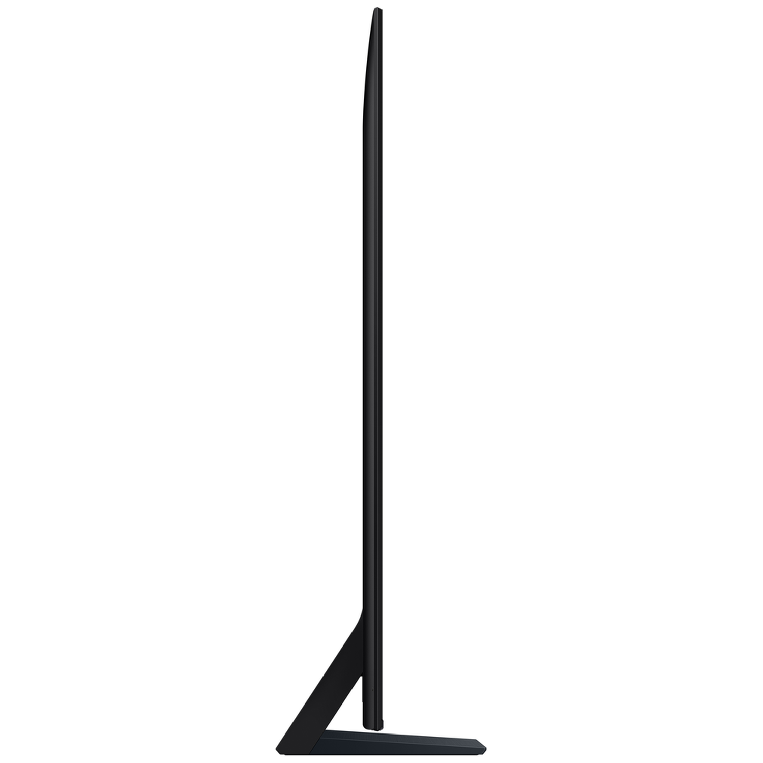 A slim black television with a narrow stand, viewed from the side.
