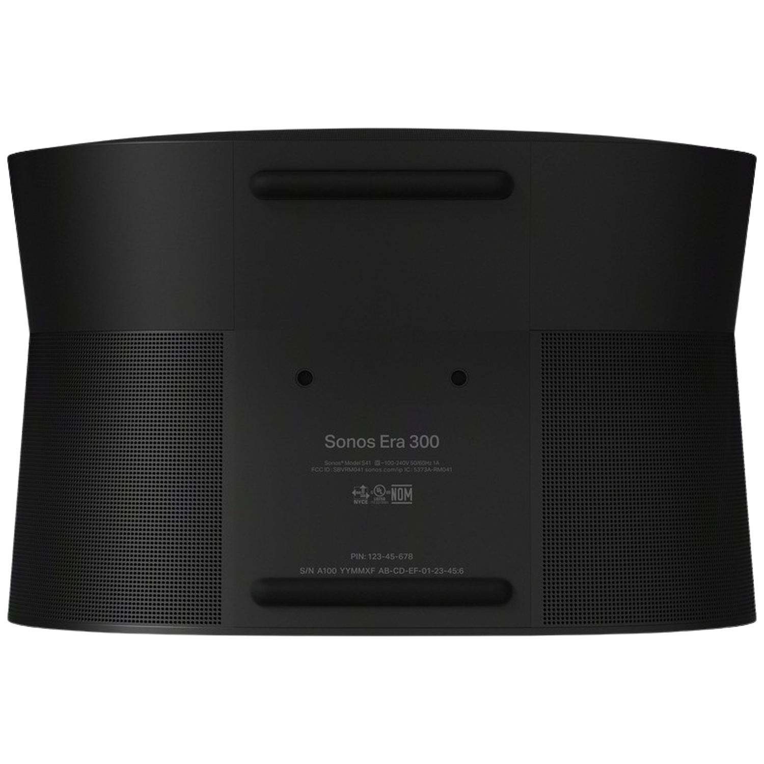 Zwarte Sonos Era 300 speaker. De achterkant toont ventilatieopeningen, poorten en productinformatie.