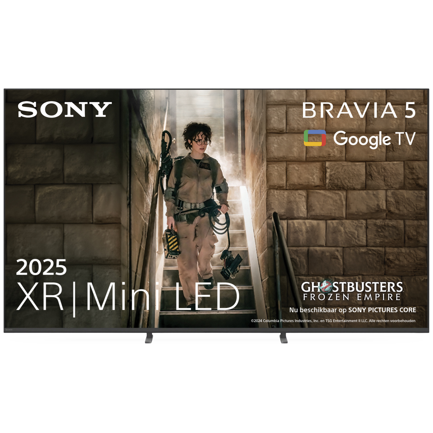 A Ghostbuster in uniform walks up stairs in a stone building. Sony Bravia 5.