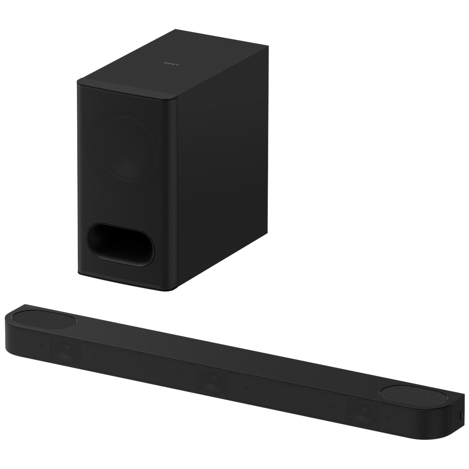 Black Sony subwoofer and soundbar on a white background.