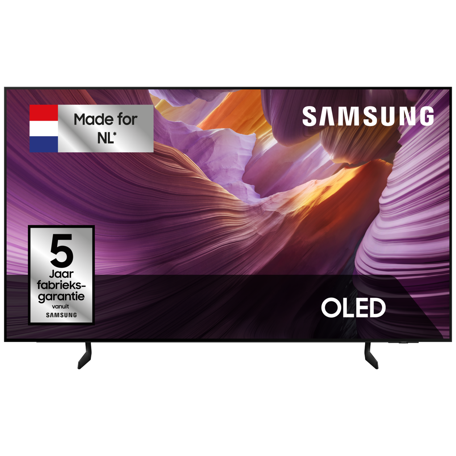 Samsung OLED TV with Dutch flag and 5-year warranty.