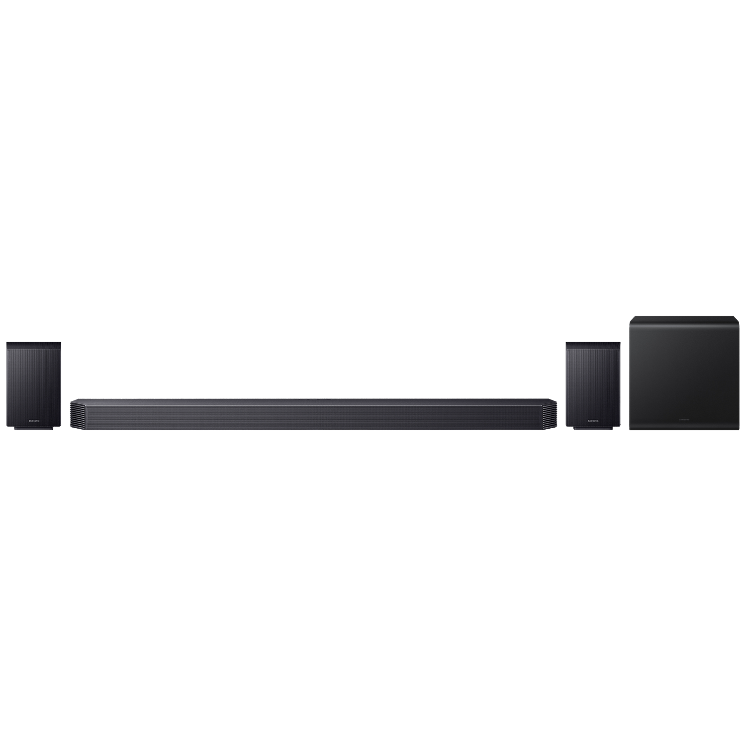 A black soundbar with two small speakers and a subwoofer.