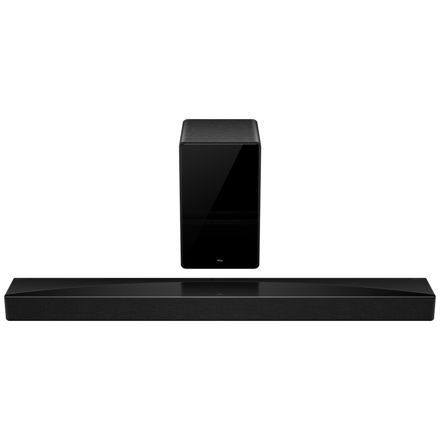 A black TCL soundbar and subwoofer set on a white background.