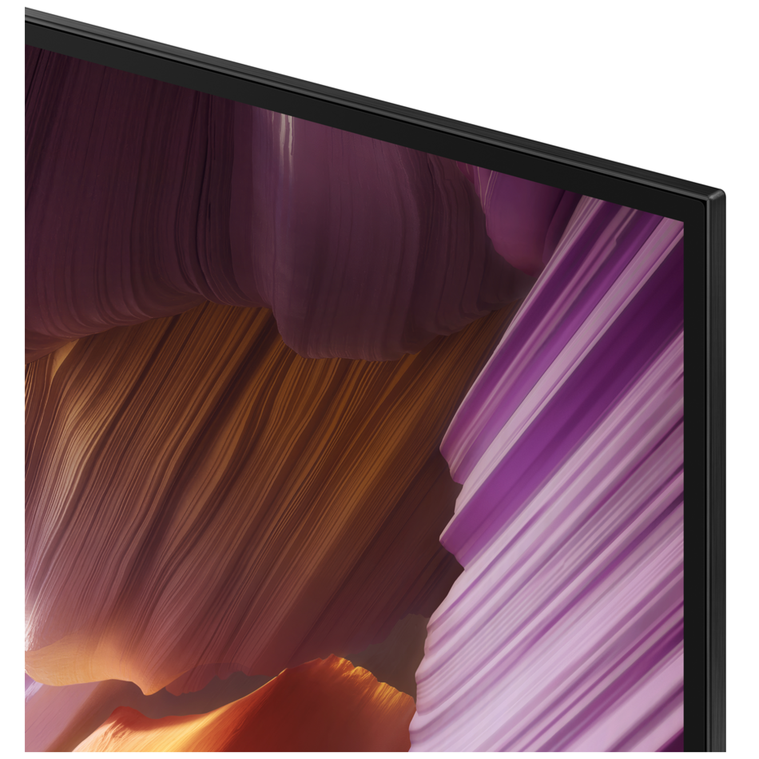 Abstract wavy patterns in orange and purple displayed on a TV screen.