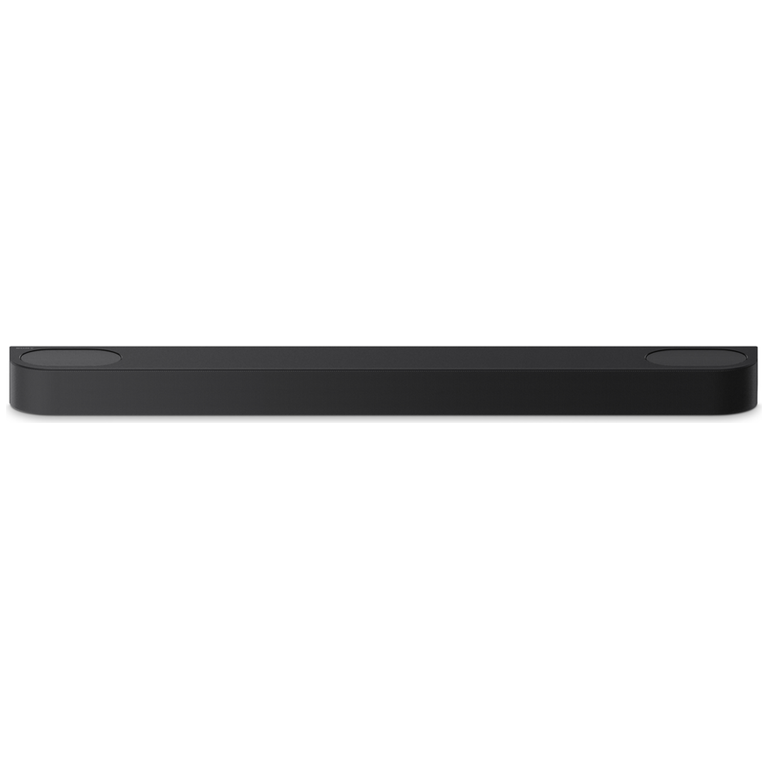 Black, flat soundbar with rounded corners and two oval control elements on ends.