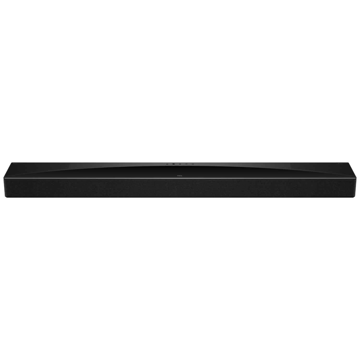 A black, slim soundbar with a glossy top and fabric grille.