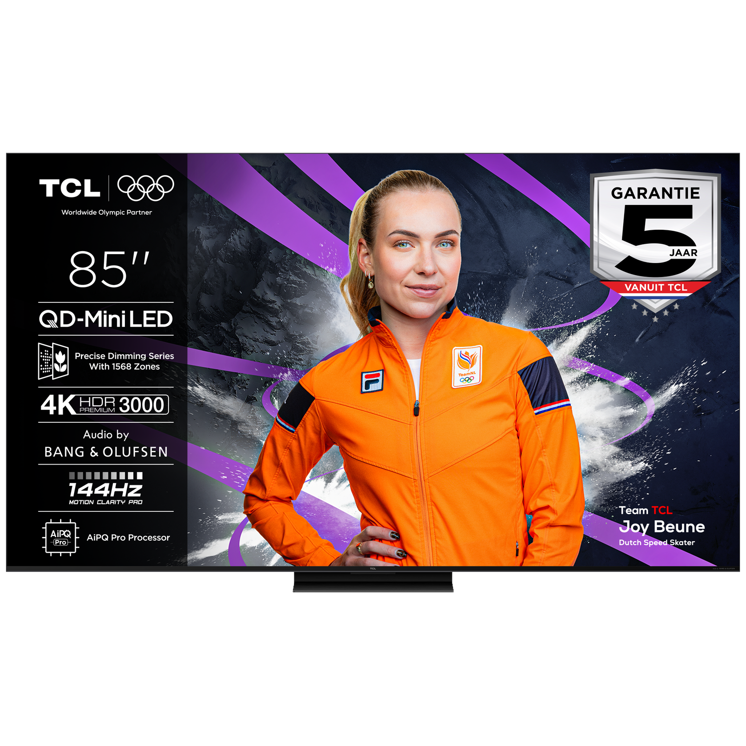 A TCL 85-inch QD-Mini LED TV featuring Joy Beune, Dutch Speed Skater.