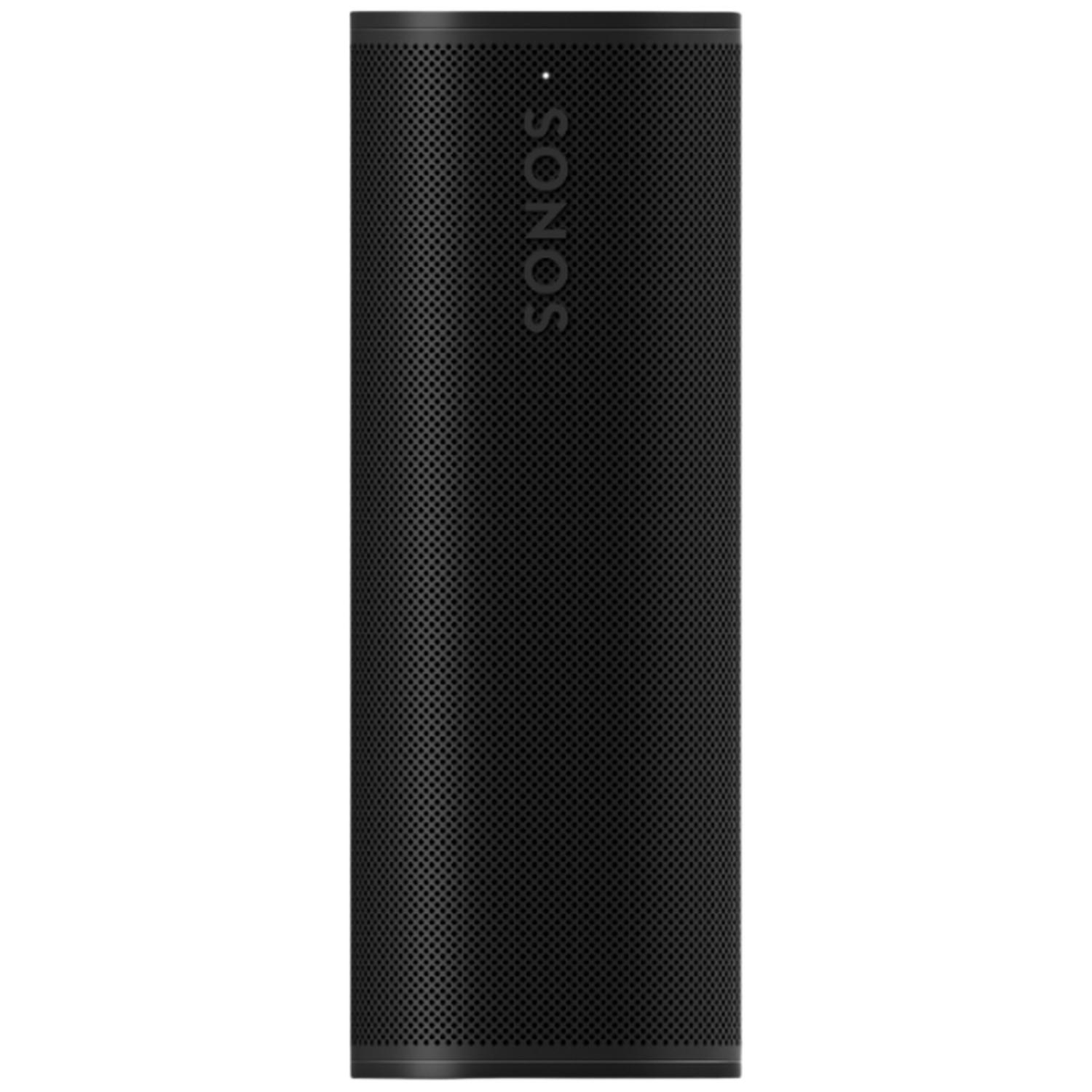 Zwarte cilindrische luidspreker met geperforeerd oppervlak en SONOS-logo.