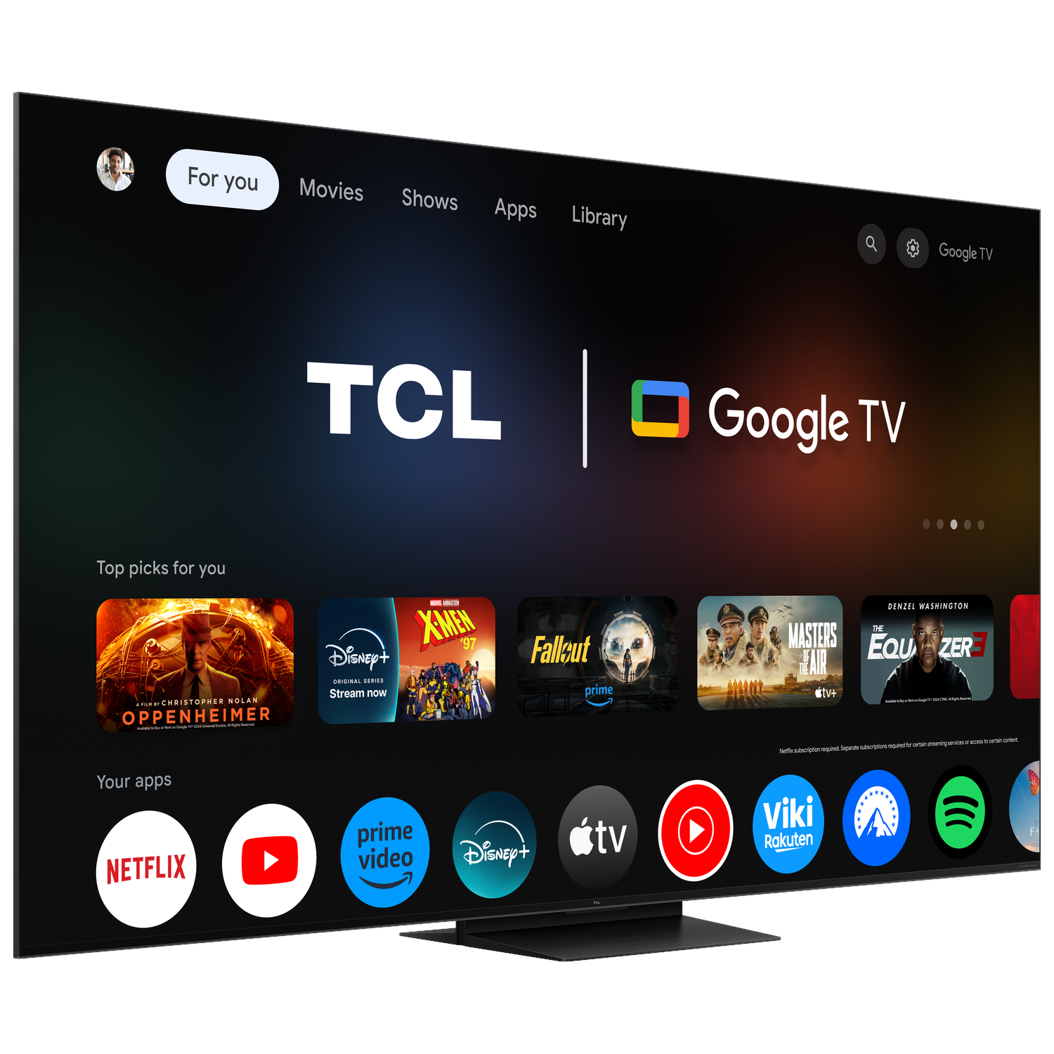 A modern TCL Google TV displaying apps like Netflix, Prime Video, and Disney+.