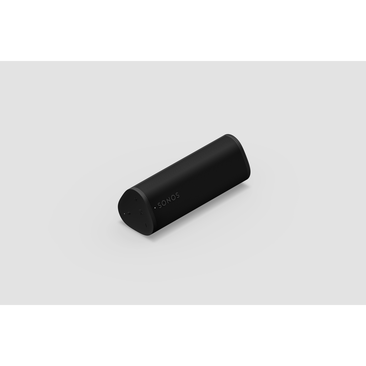 Zwarte Sonos speaker met geperforeerd oppervlak op grijze achtergrond.