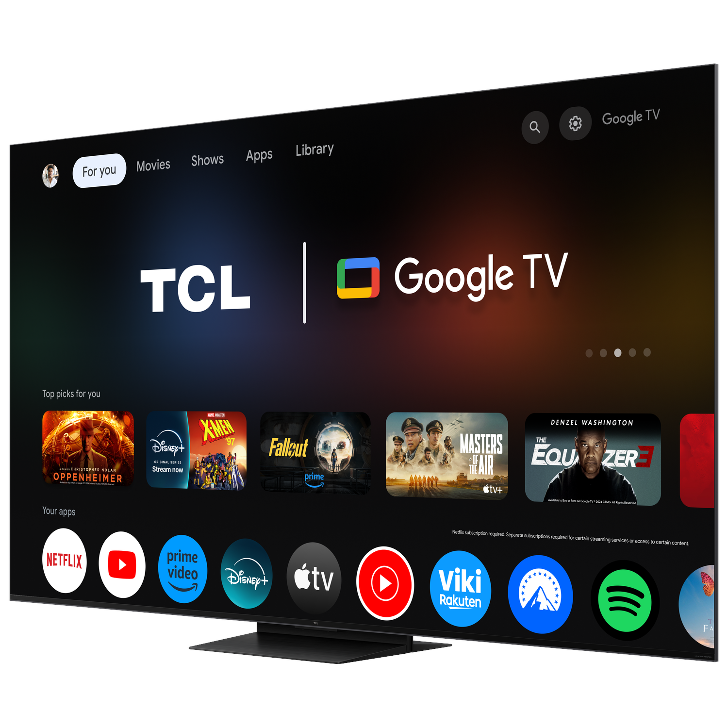 A modern TV displaying the Google TV interface with apps like Netflix, Prime Video, and Spotify.