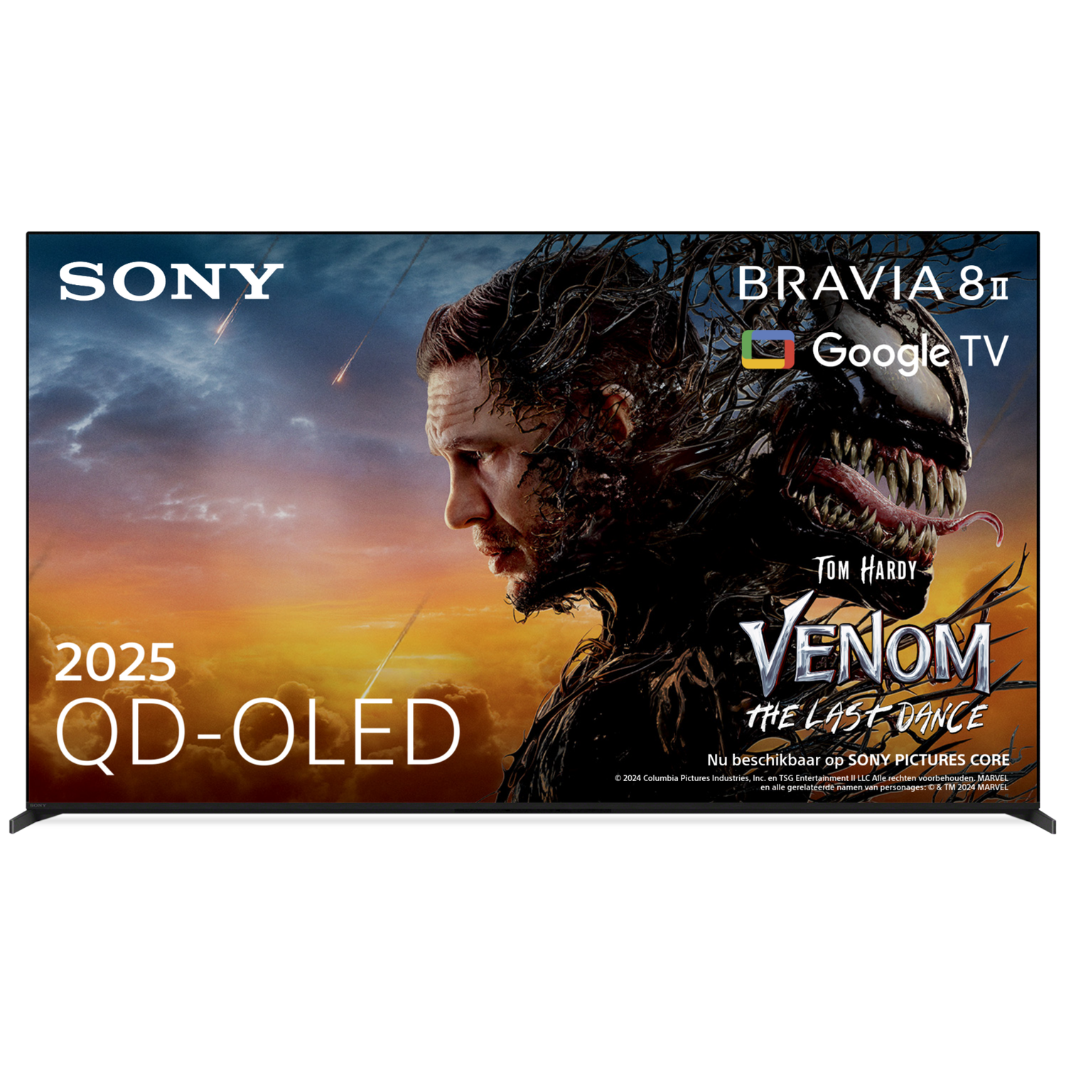 Sony Bravia 8II Google TV with Venom poster and Tom Hardy. 2025 QD-OLED.