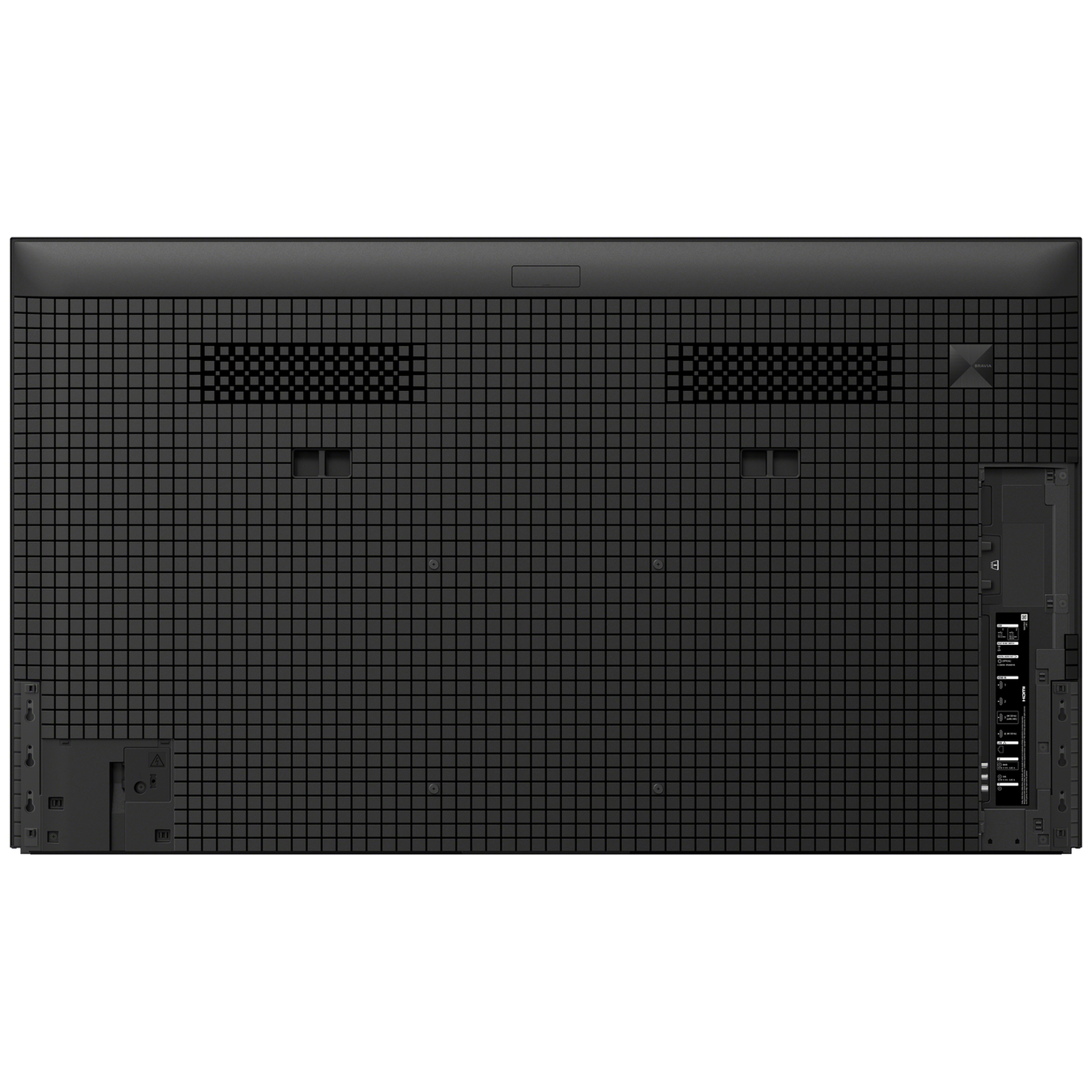 Back of a large black TV with a grid pattern and ports.