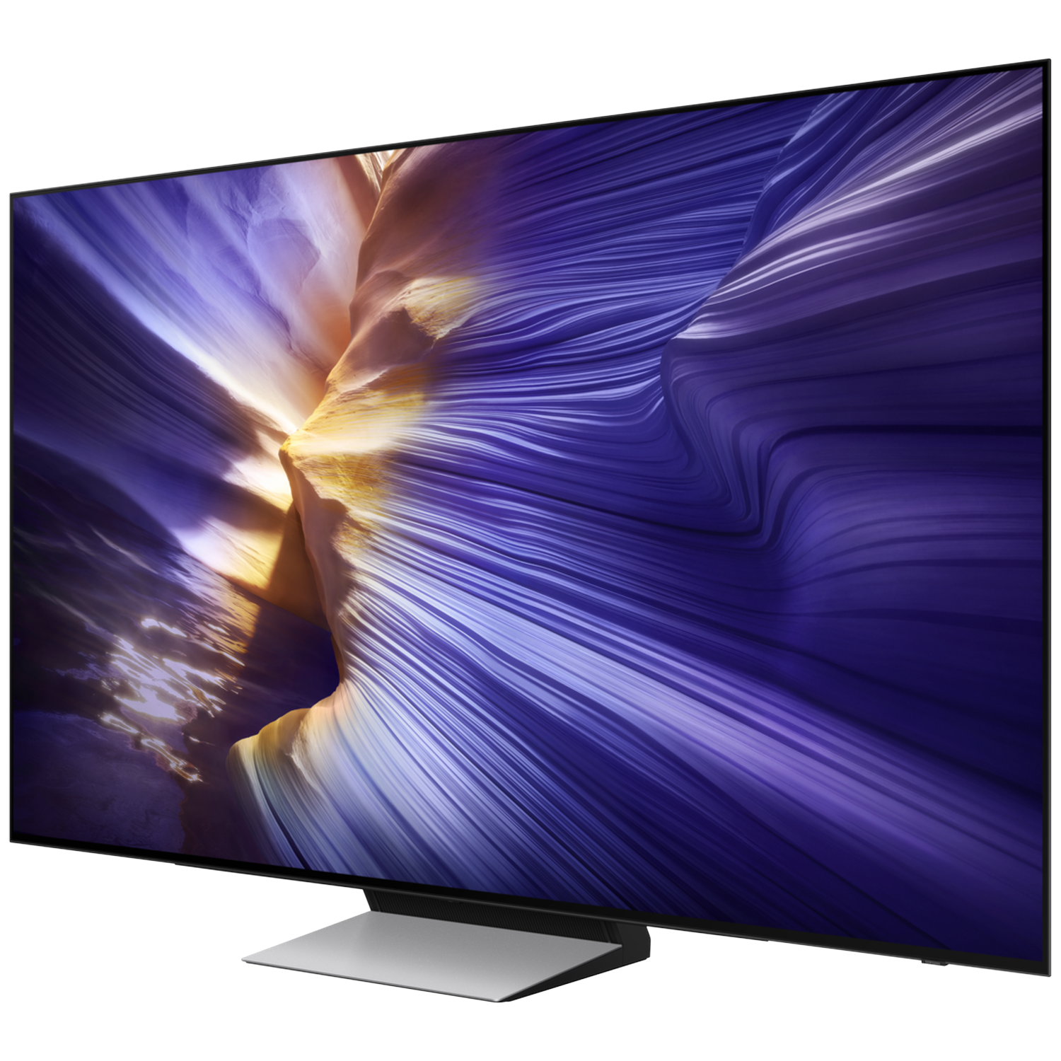 Modern television with a sleek stand displaying a landscape with purple and yellow tones.