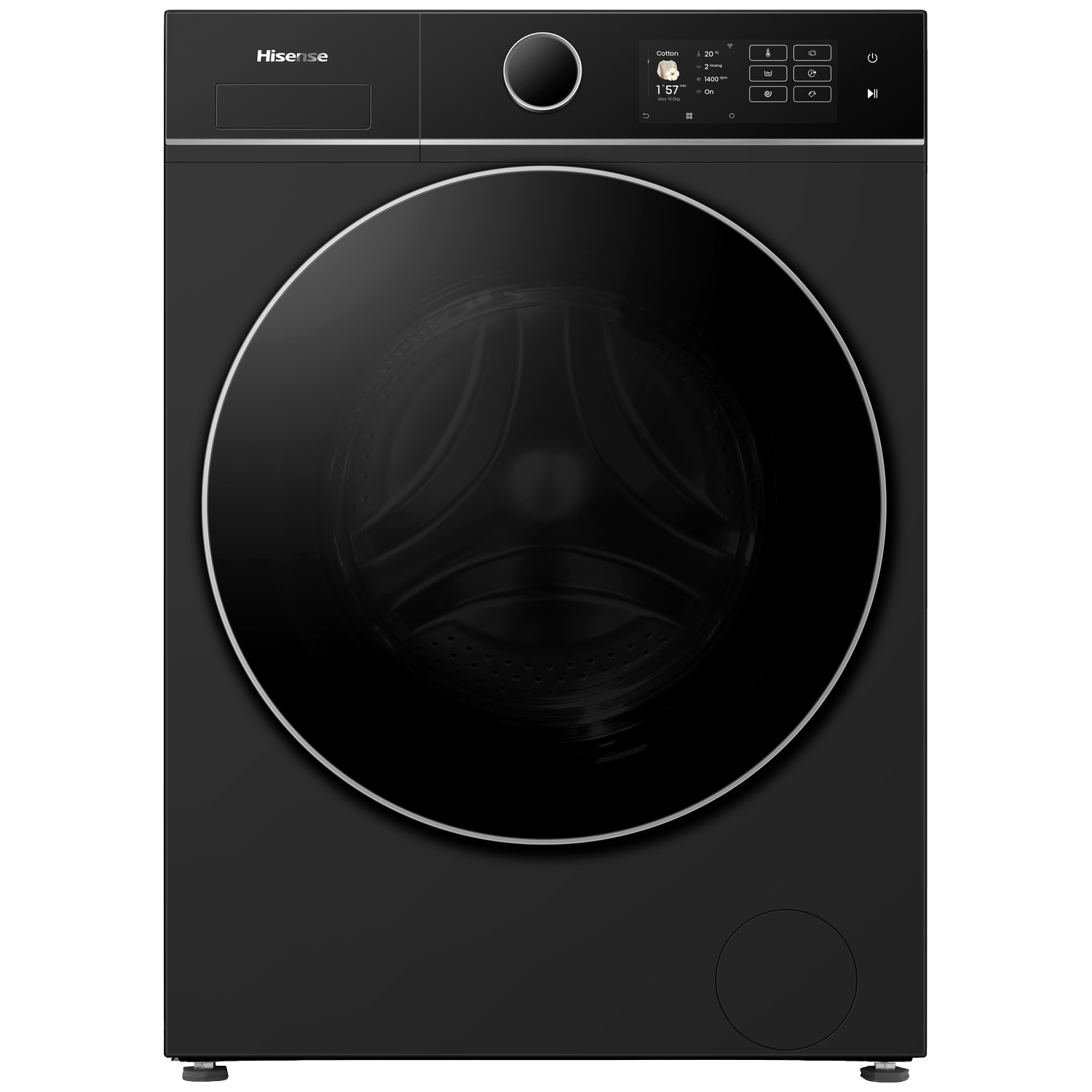 Zwarte wasmachine met digitaal display en ronde deur.