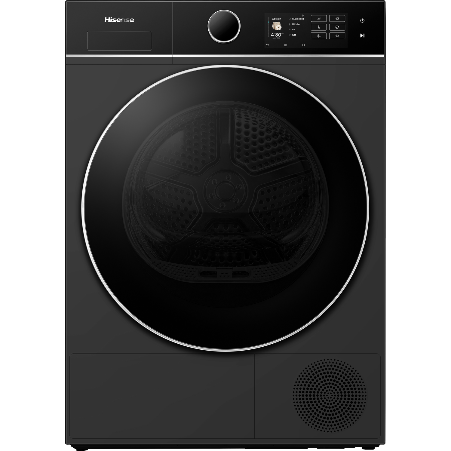 Een zwarte Hisense wasdroger met voorlader, grote glazen deur en digitaal display.