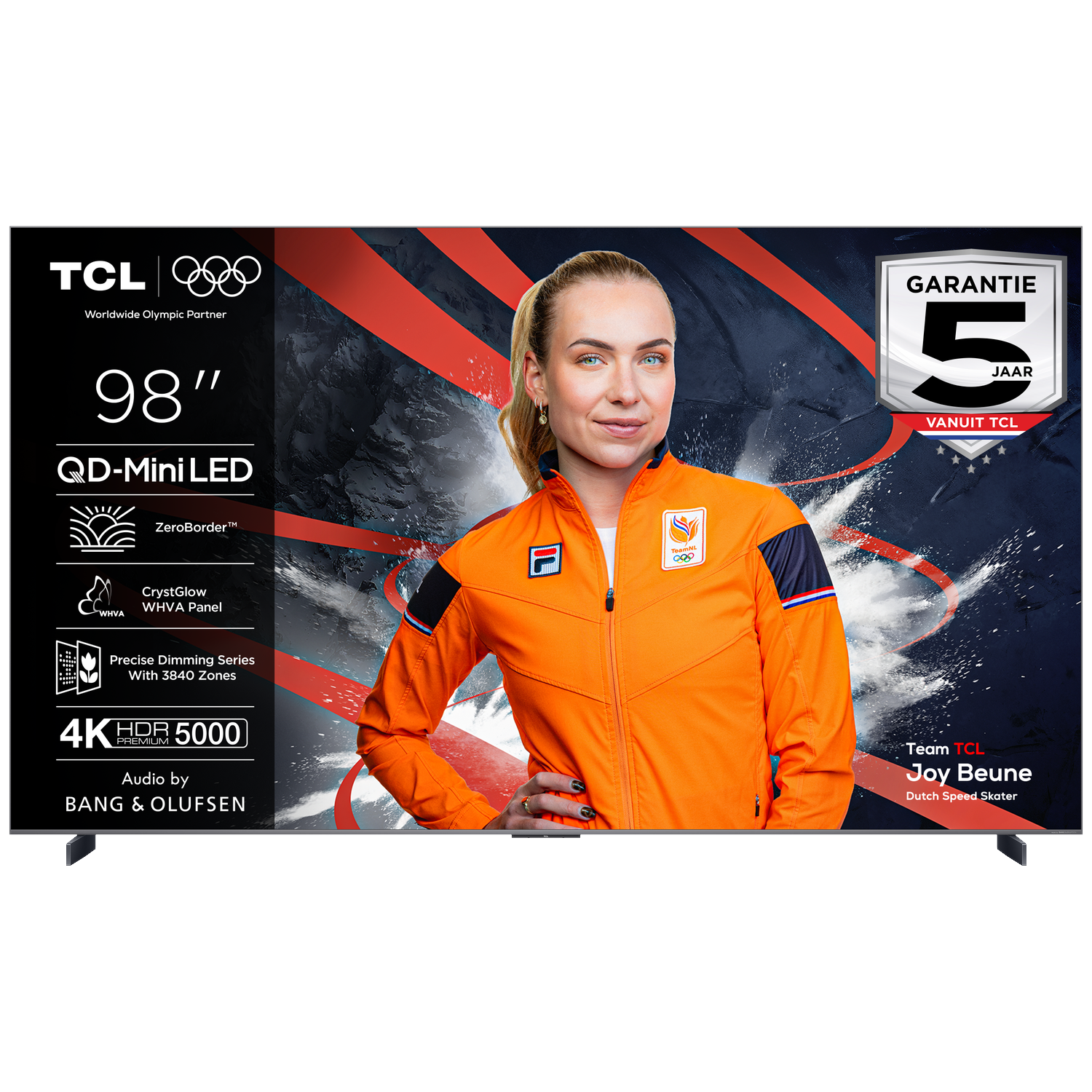 A Dutch speed skater, Joy Beune, advertises a 98-inch TCL television.