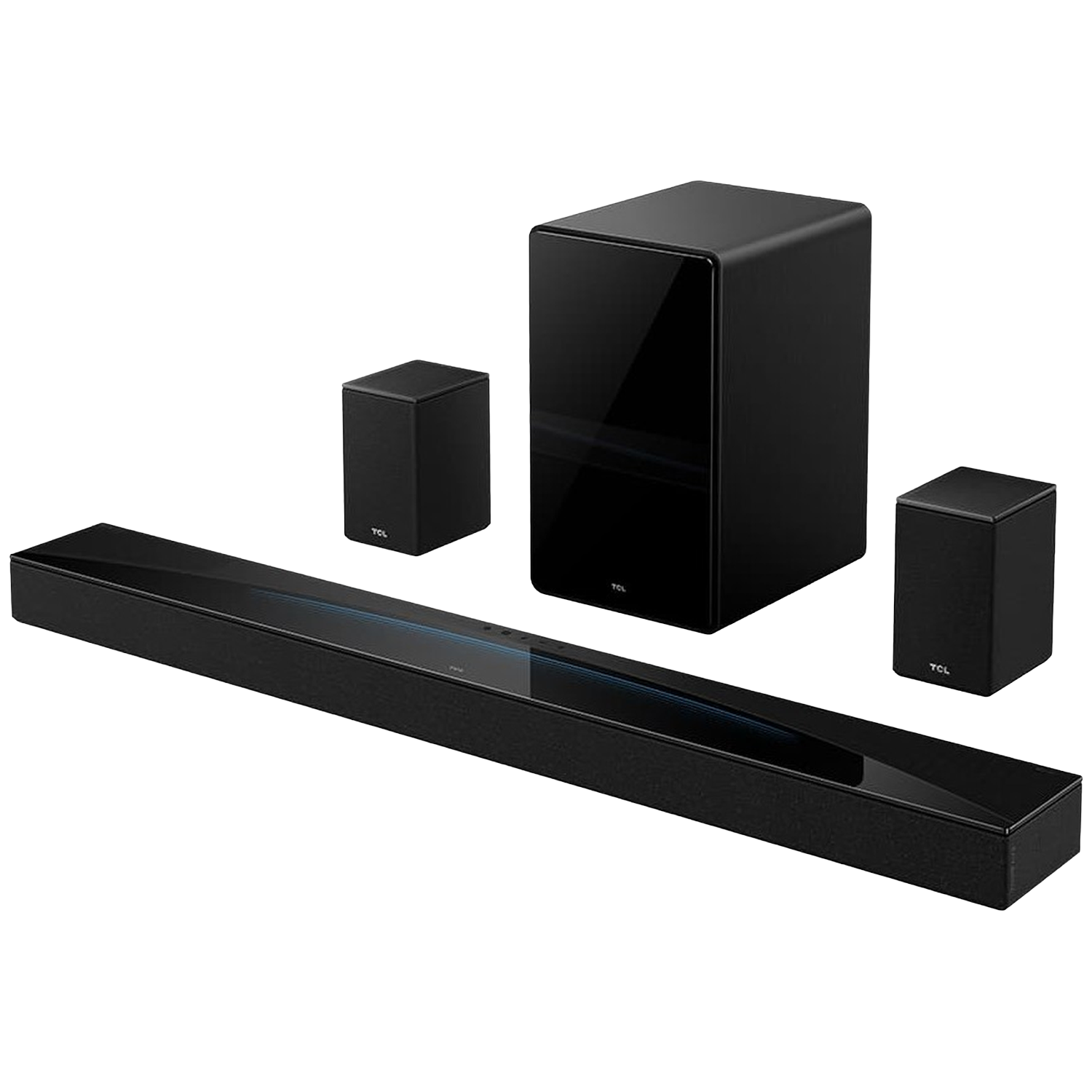 Black soundbar with subwoofer and two satellite speakers on a white background.