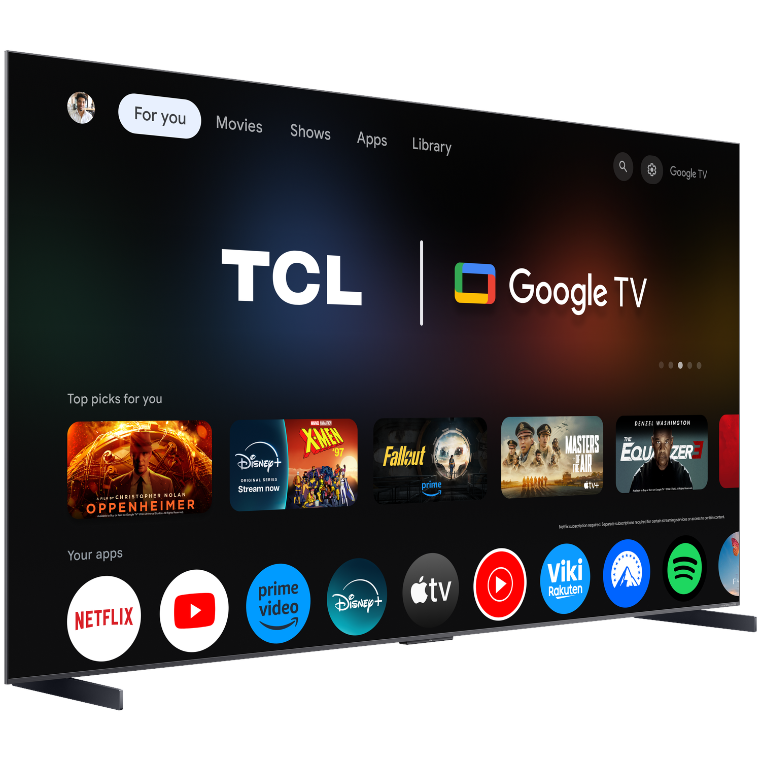 A modern TCL Google TV displaying its menu with movies and apps.