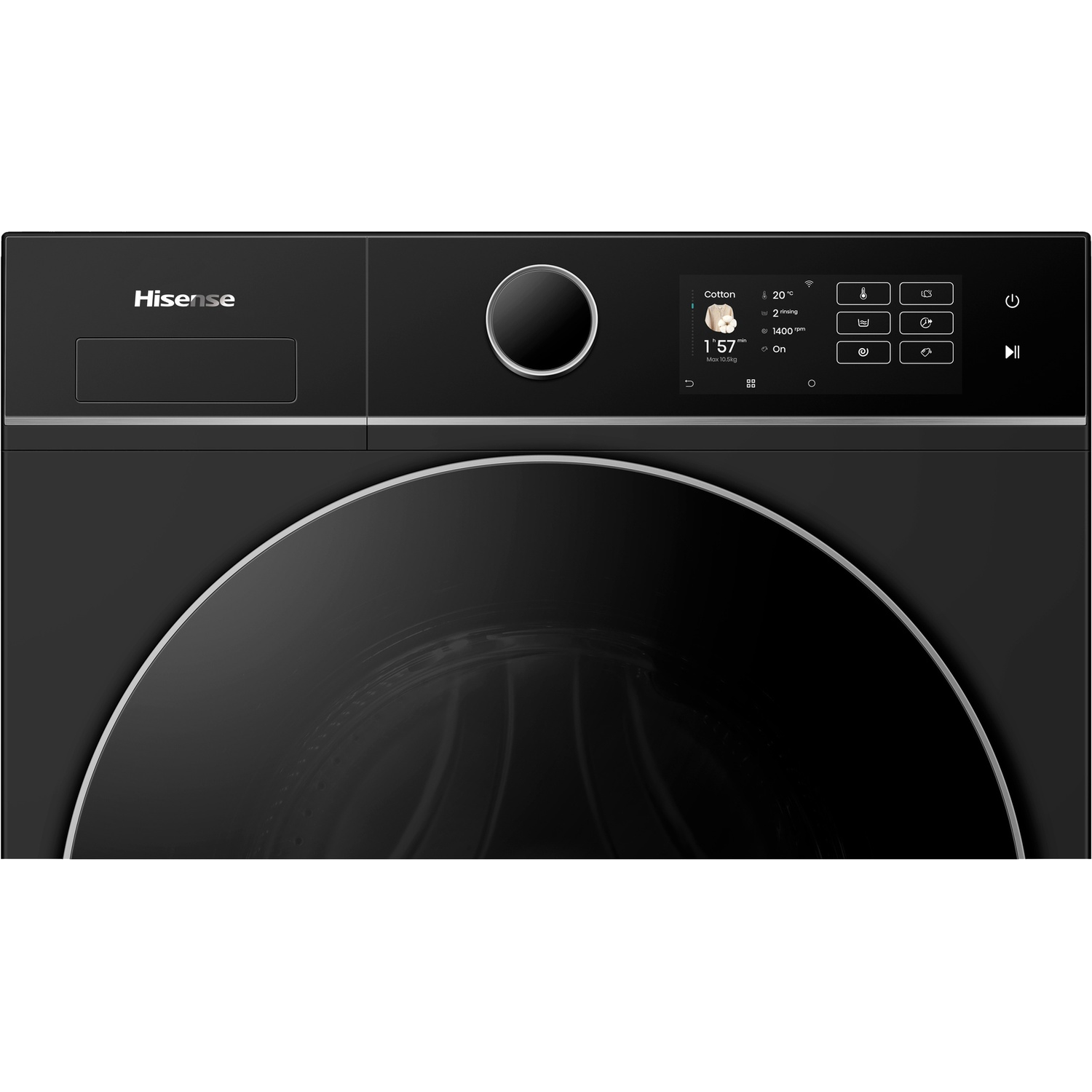 Zwarte Hisense wasmachine met touchscreen display en ronde bediening.